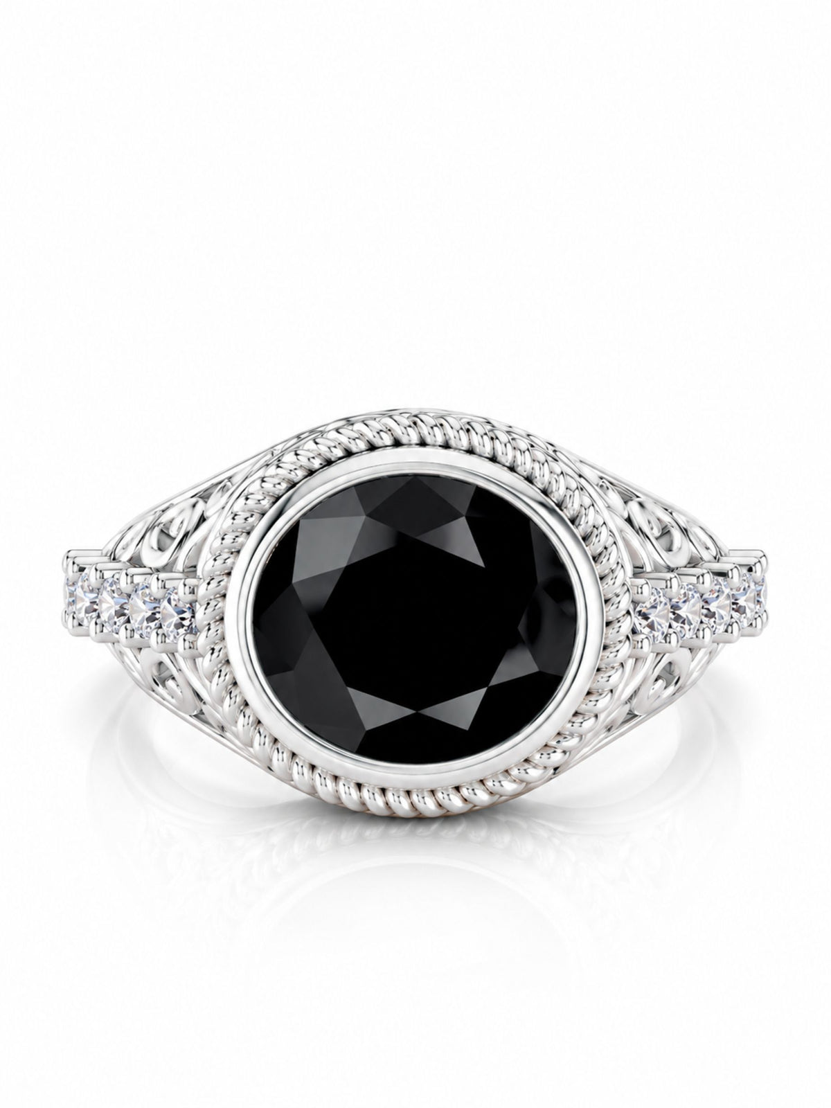 Geometric Filigree Black Onyx and Moissanite Silver Ring Oxidized 925 Sterling Silver Ring For Men