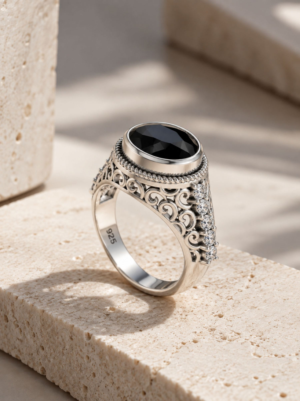 Geometric Filigree Black Onyx and Moissanite Silver Ring Oxidized 925 Sterling Silver Ring For Men