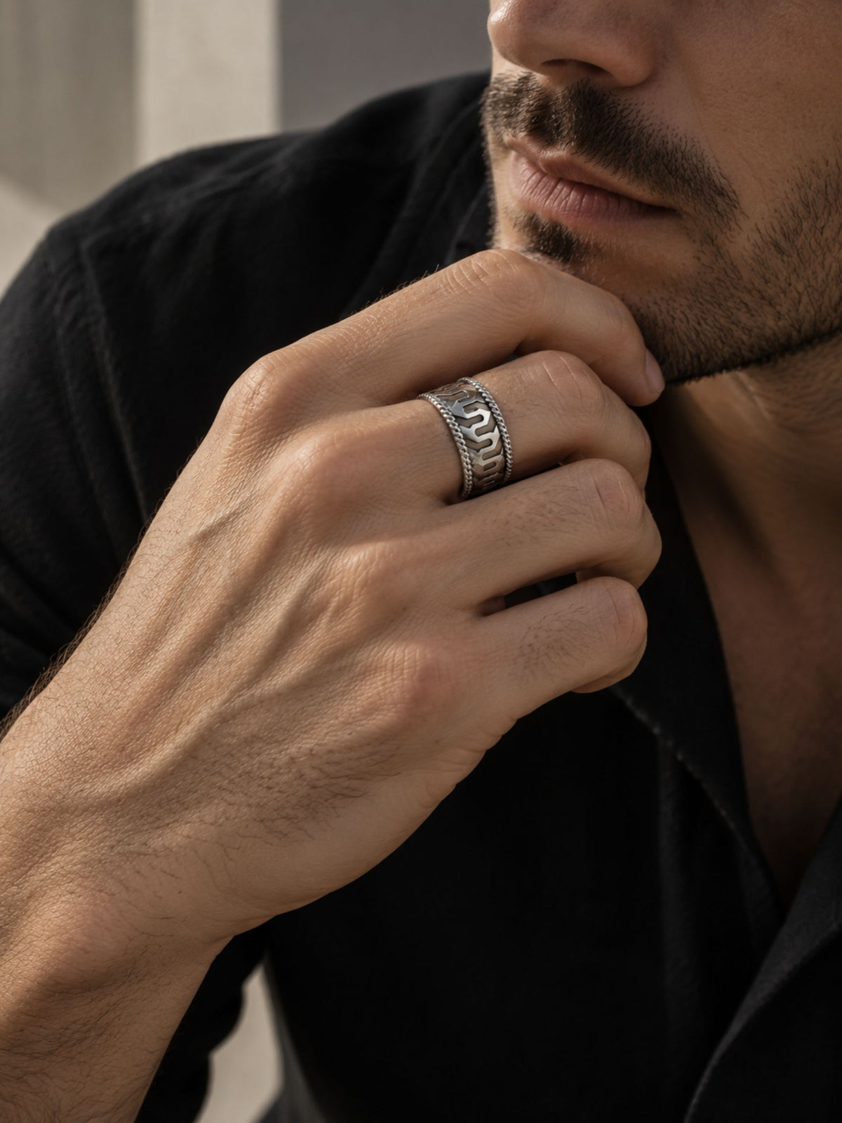 Moissanite Bold Engraved Oxidized Finish 925 Sterling Silver Ring For Men