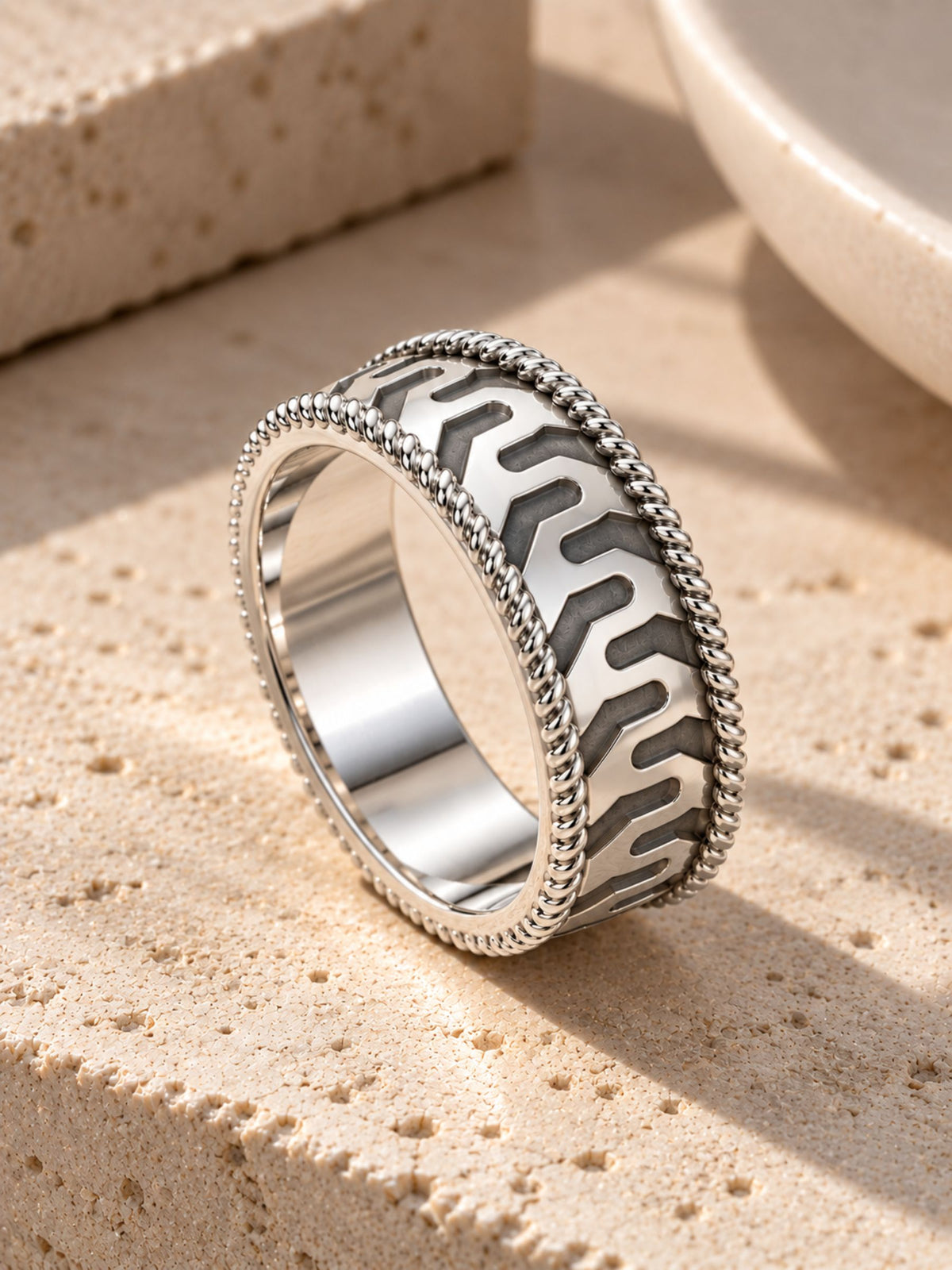 Moissanite Bold Engraved Oxidized Finish 925 Sterling Silver Ring For Men