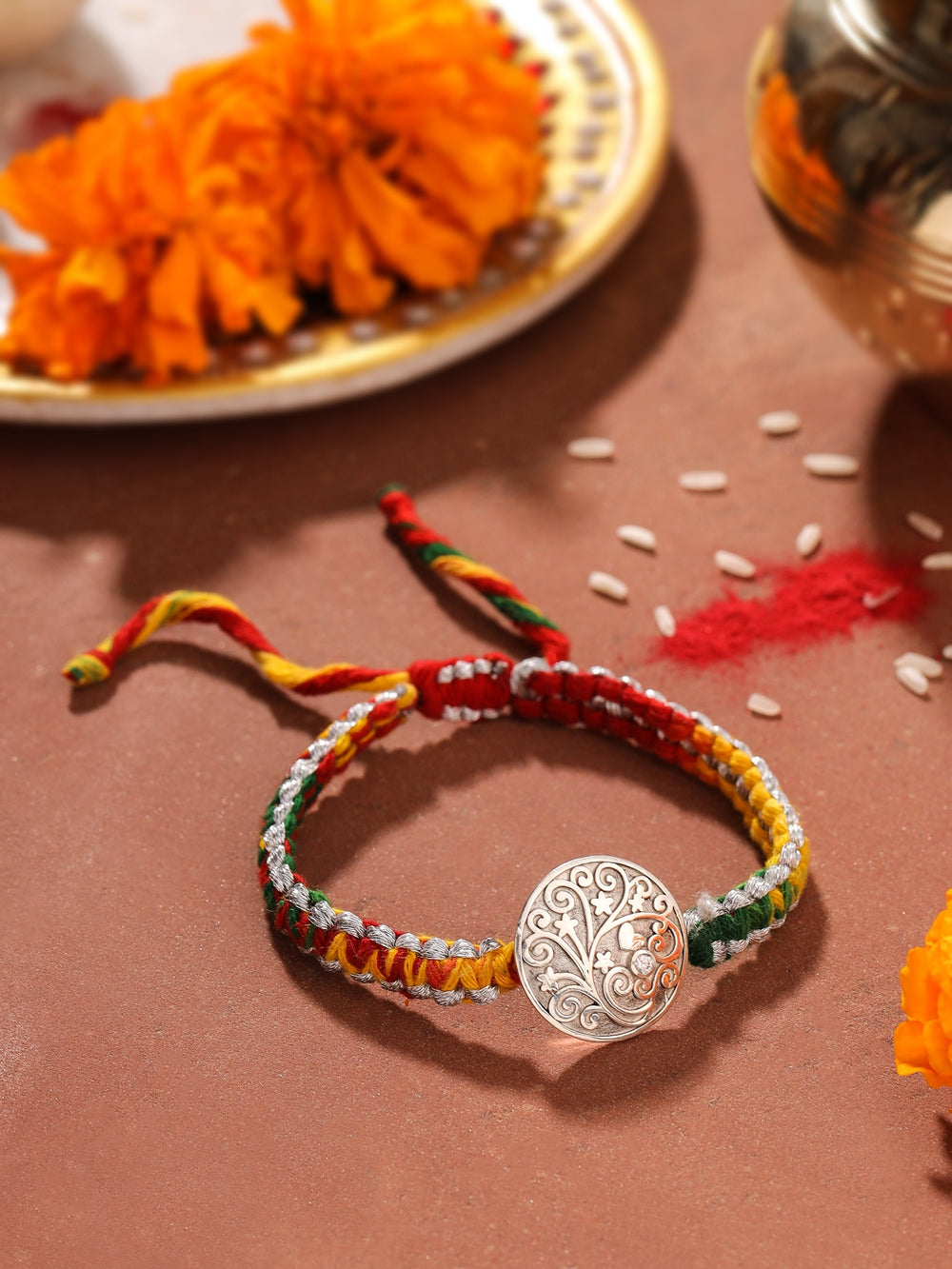 Buy Rhodium Filigree Moissanite Bond Silver Rakhi