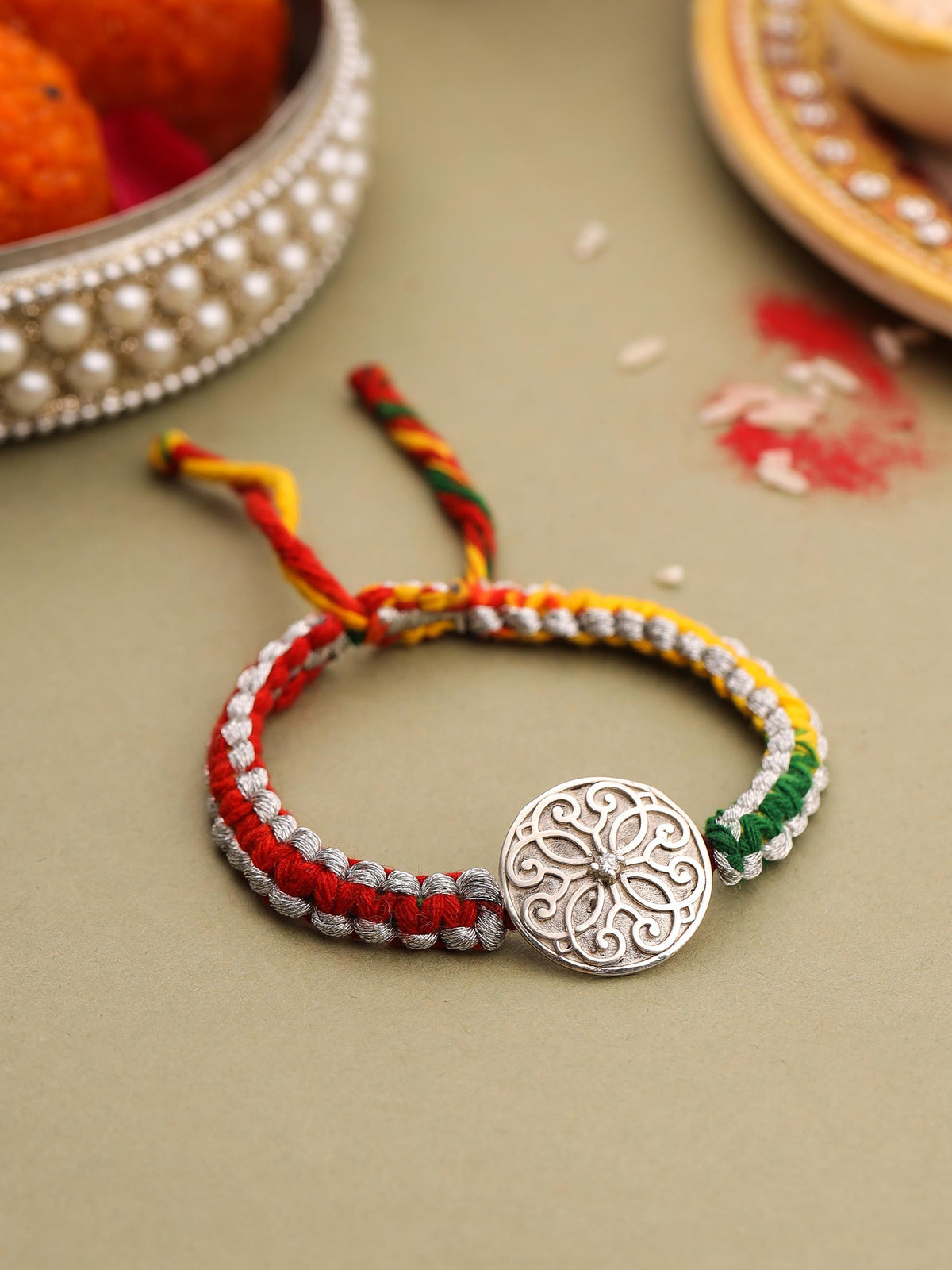 Buy Rhodium Mandala Filigree Moissanite Silver Rakhi