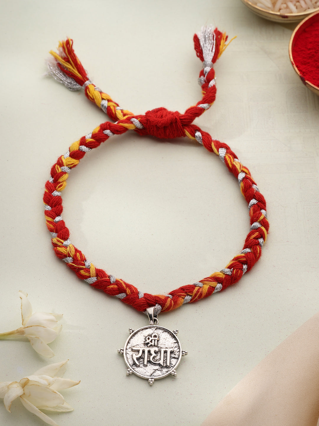 925 Sterling Silver Radha Krishna Bhaiya Bhabhi Rakhi Gift Set with Silver Coin & Roli Chawal