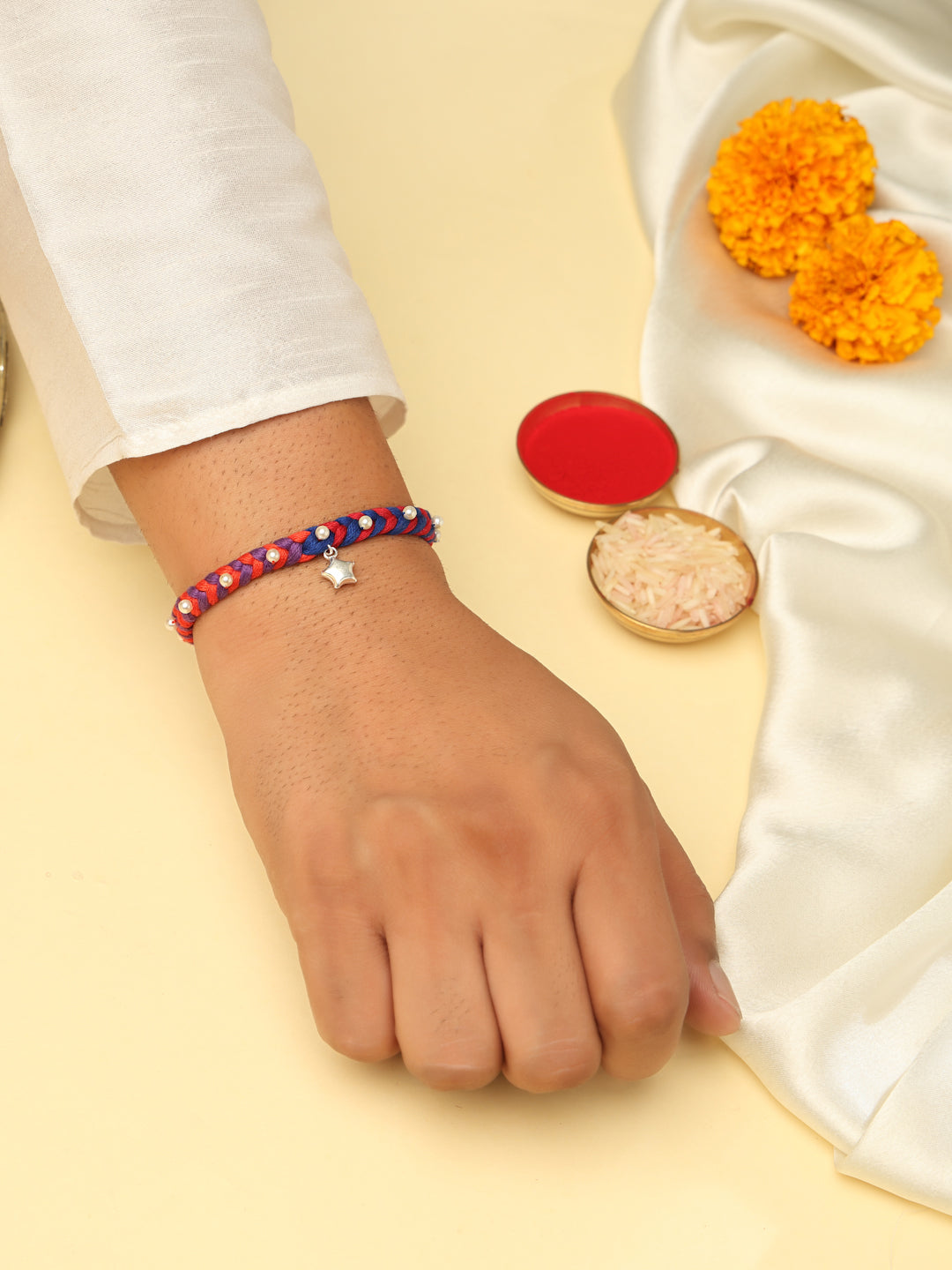 925 Sterling Silver Handcrafted Braided Rakhi for Brother – Rhodium Plated Red & Blue Thread Rakhi with Pearl Accents and Star Charm