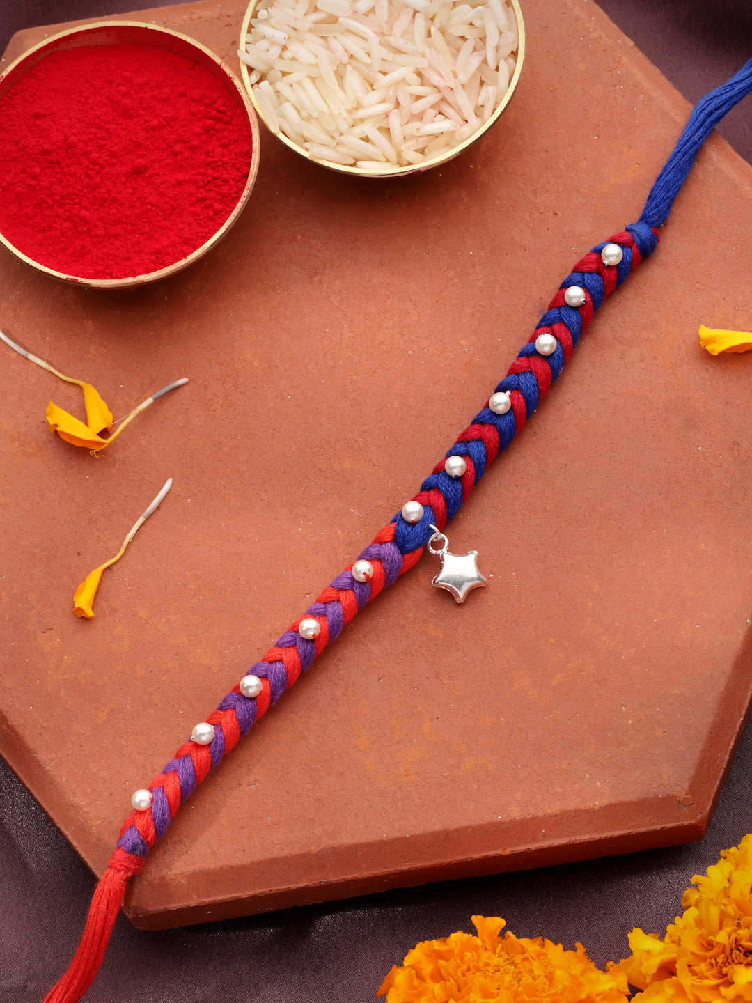 925 Sterling Silver Handcrafted Braided Rakhi for Brother – Rhodium Plated Red & Blue Thread Rakhi with Pearl Accents and Star Charm