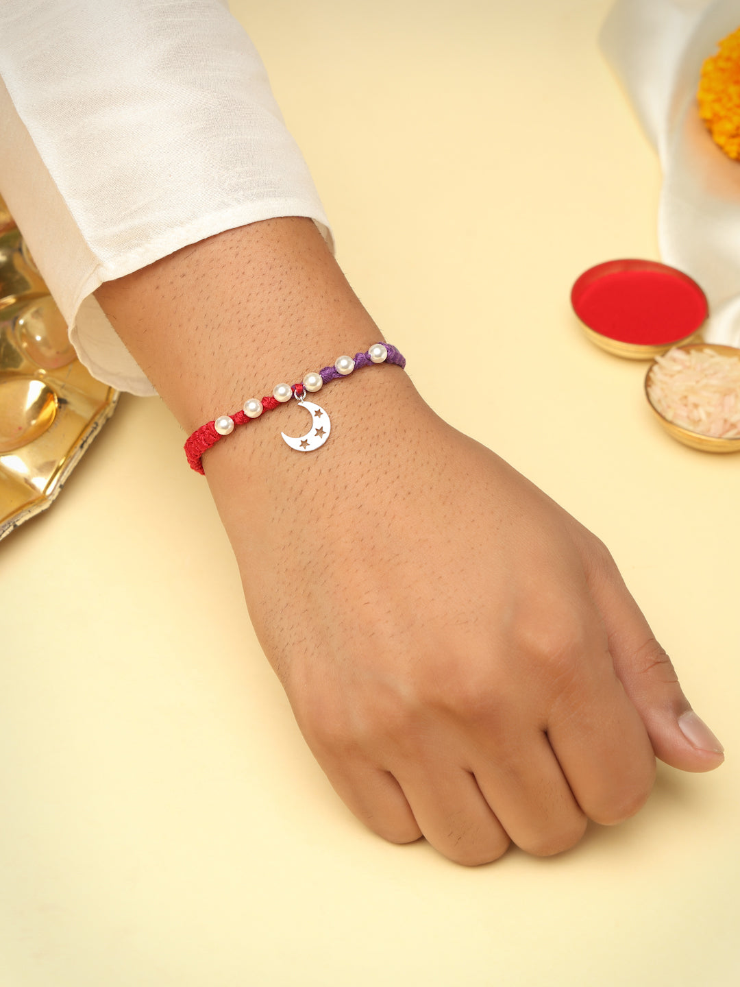 925 Sterling Silver Crescent Moon Pearl Rakhi – Handcrafted Purple & Red Dual-Tone Macrame Thread