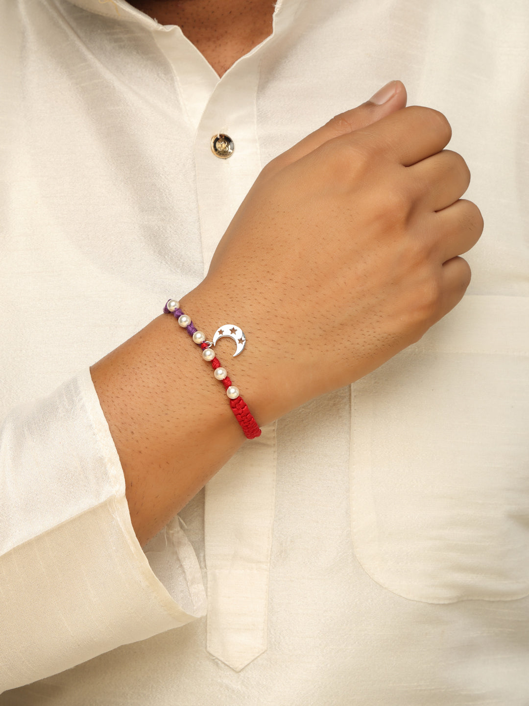 925 Sterling Silver Crescent Moon Pearl Rakhi – Handcrafted Purple & Red Dual-Tone Macrame Thread