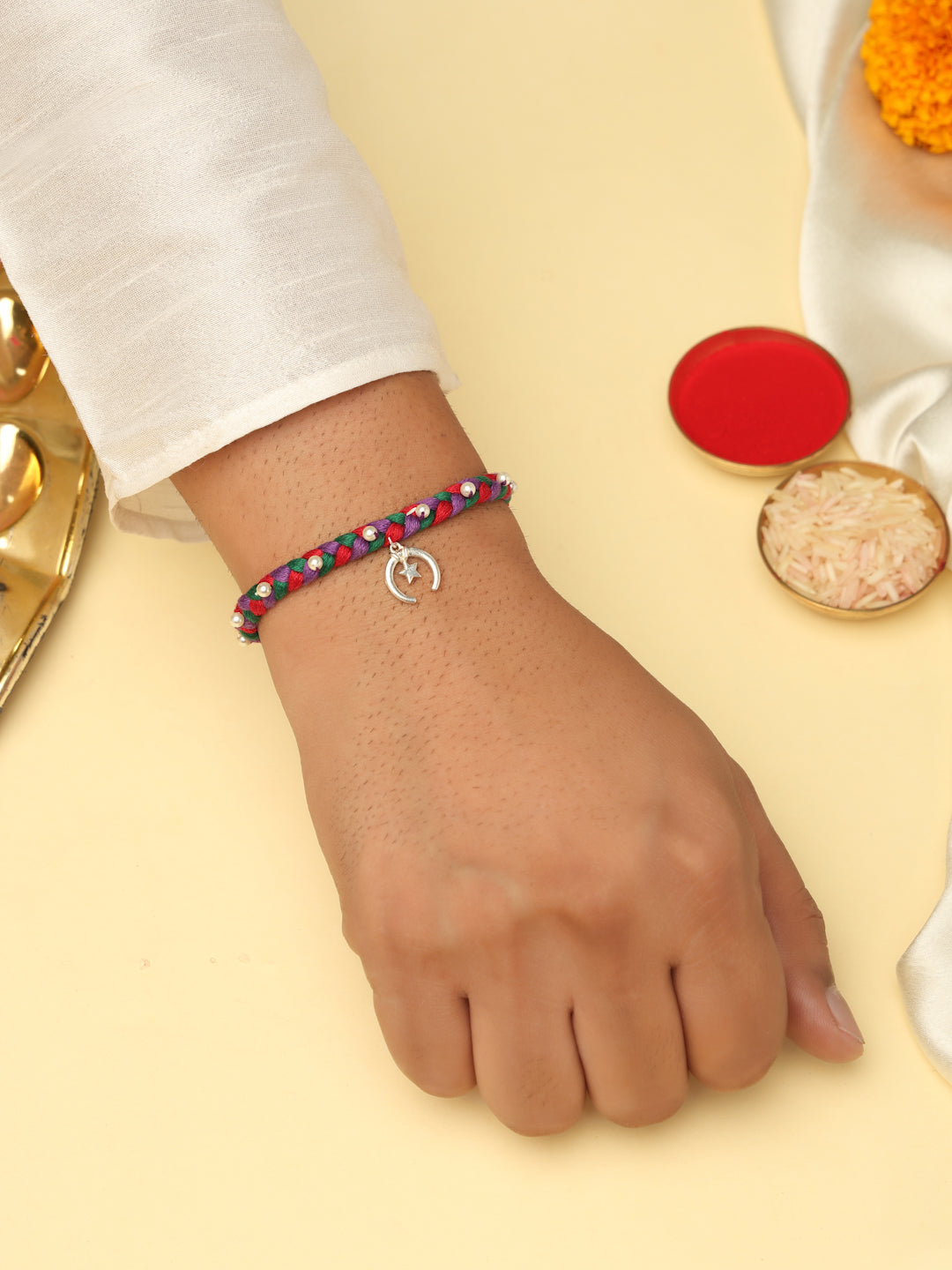 925 Sterling Silver Star & Crescent Rakhi with Braided Thread and Pearls