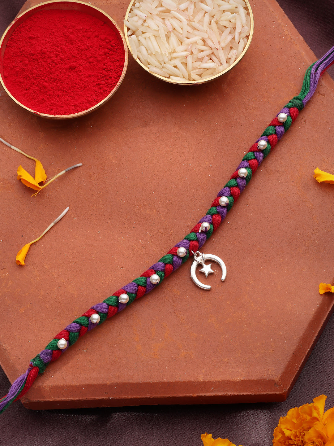 925 Sterling Silver Star & Crescent Rakhi with Braided Thread and Pearls