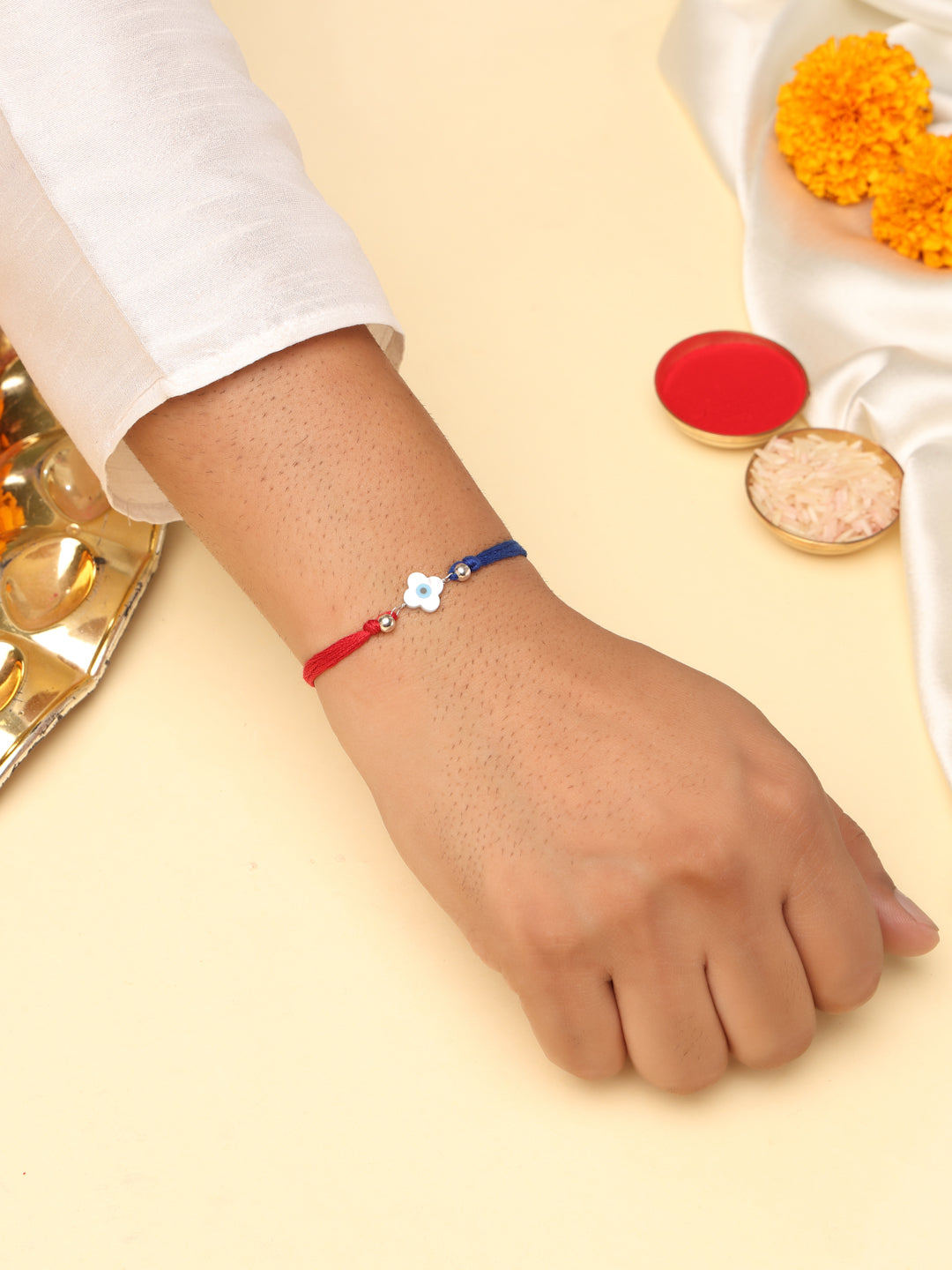 925 Sterling Silver Evil Eye Rakhi for Brother – Rhodium Plated Red & Blue Cord Rakhi