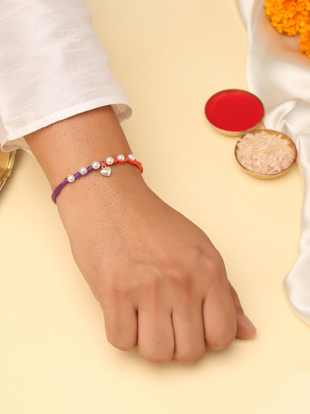 925 Sterling Silver Heart Charm Pearl Thread Rakhi