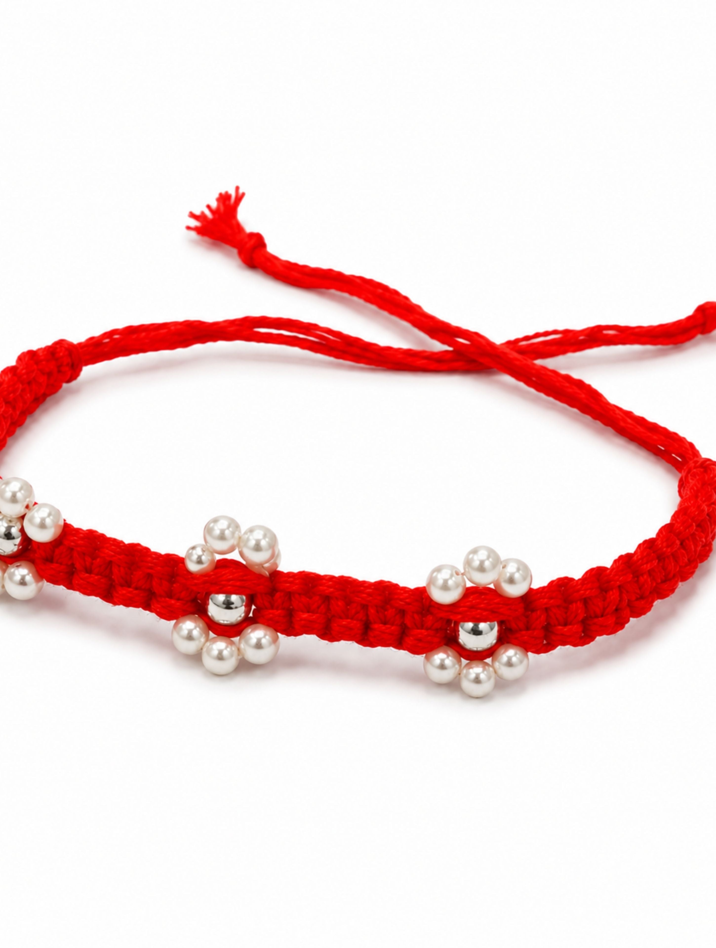 925 Sterling Silver Floral Pearl Rakhi in Red Macrame – Rhodium Plated