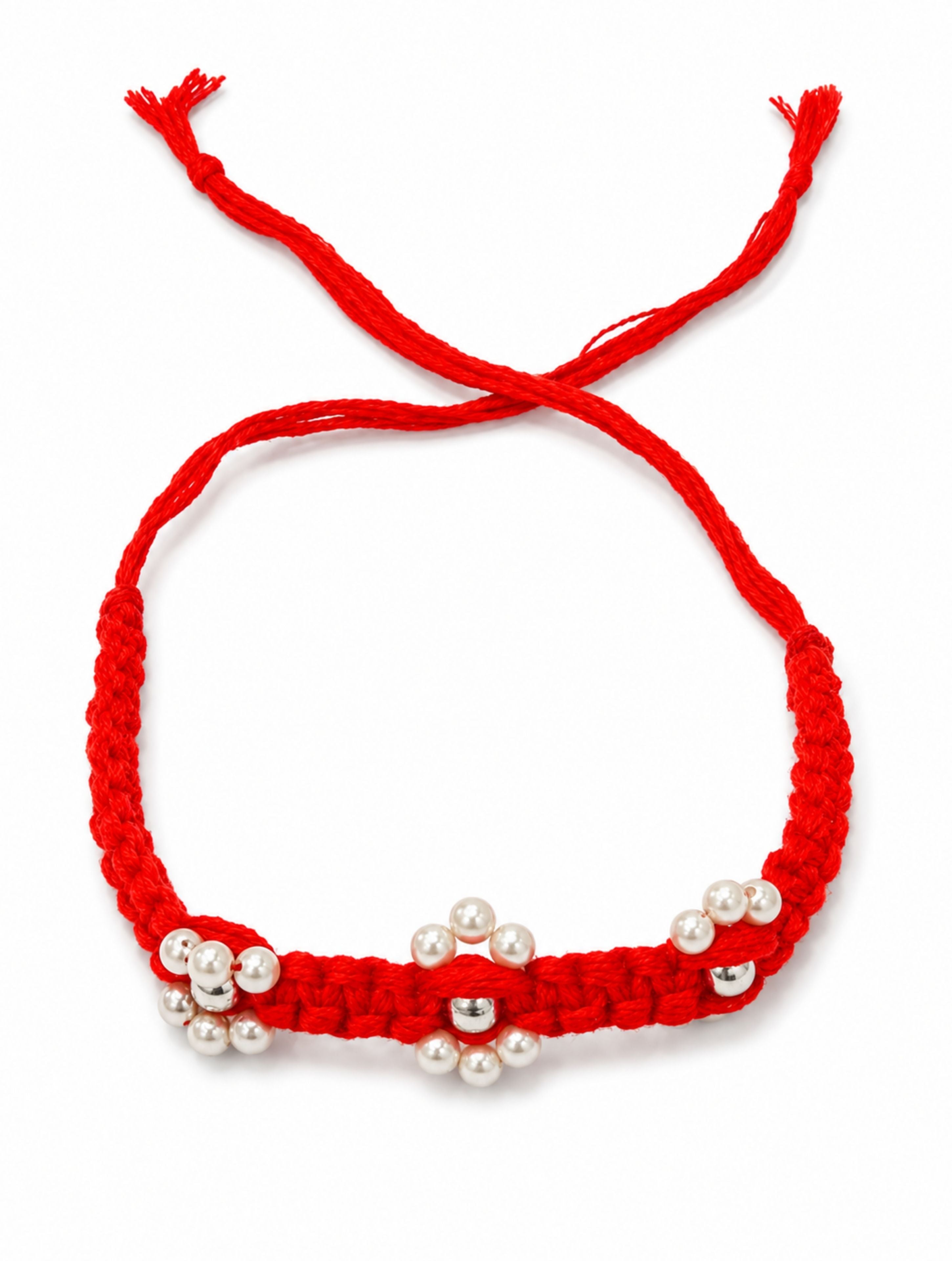 925 Sterling Silver Floral Pearl Rakhi in Red Macrame – Rhodium Plated