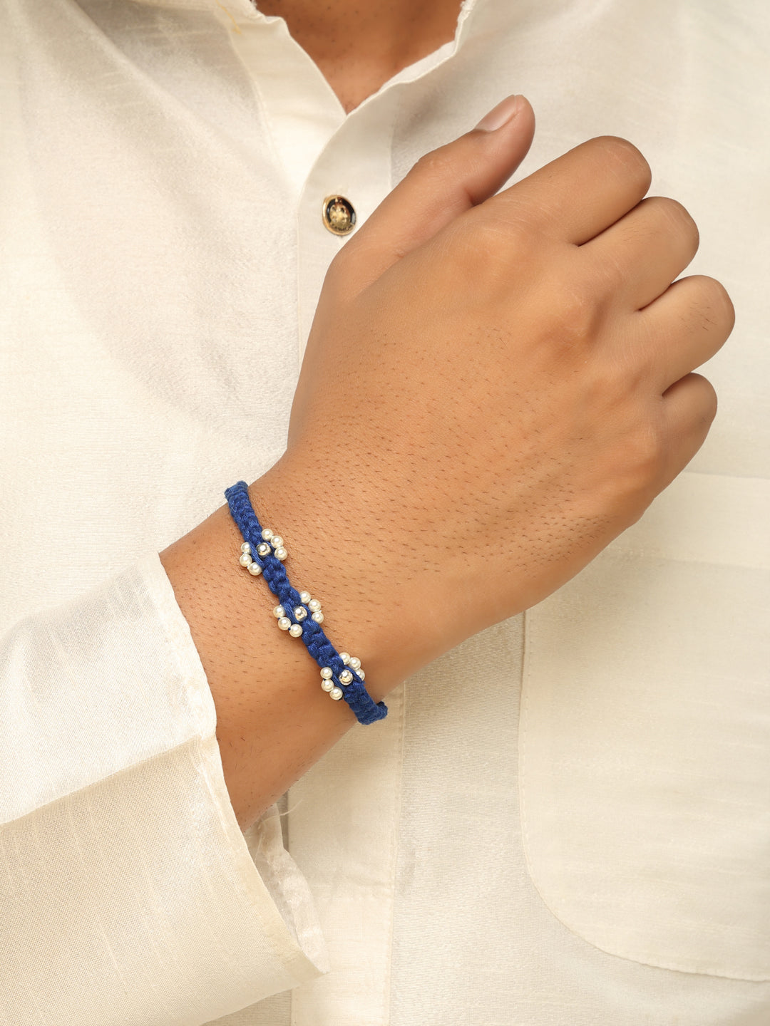 925 Sterling Silver Royal Blue Macrame Rakhi with Pearl Accents (Rhodium Plated)
