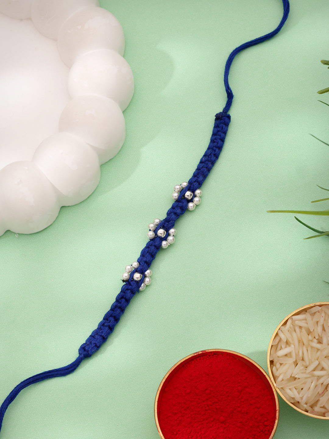 925 Sterling Silver Royal Blue Macrame Rakhi with Pearl Accents (Rhodium Plated)