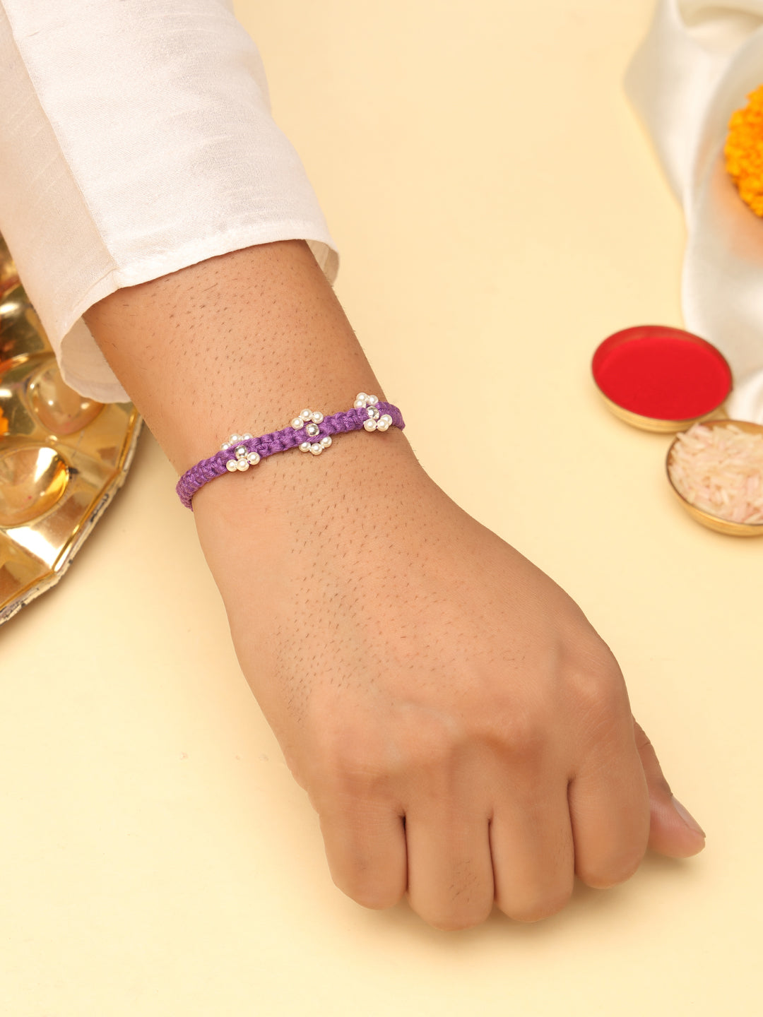925 Sterling Silver Royal Purple Macrame Rakhi with Pearl Accents (Rhodium Plated)