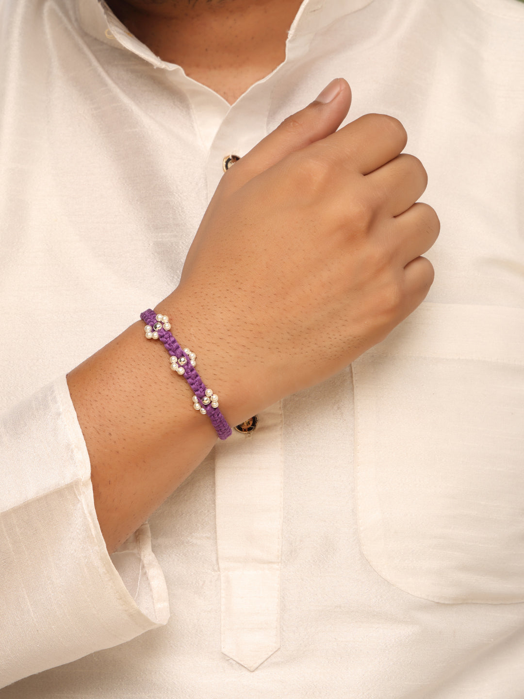 925 Sterling Silver Royal Purple Macrame Rakhi with Pearl Accents (Rhodium Plated)