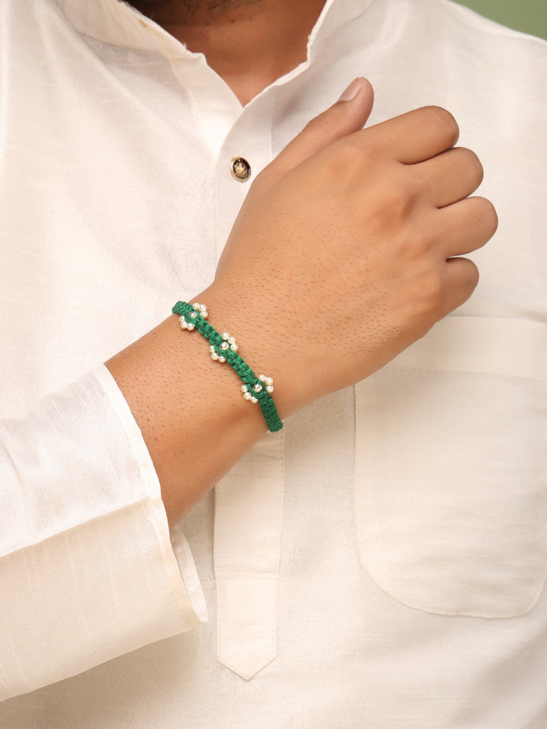 925 Sterling Silver Green Macrame Rakhi with Pearl Flower Motifs (Rhodium Plated)
