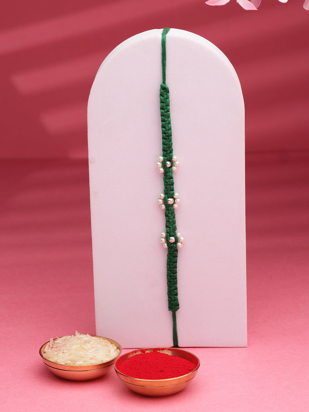 925 Sterling Silver Green Macrame Rakhi with Pearl Flower Motifs (Rhodium Plated)