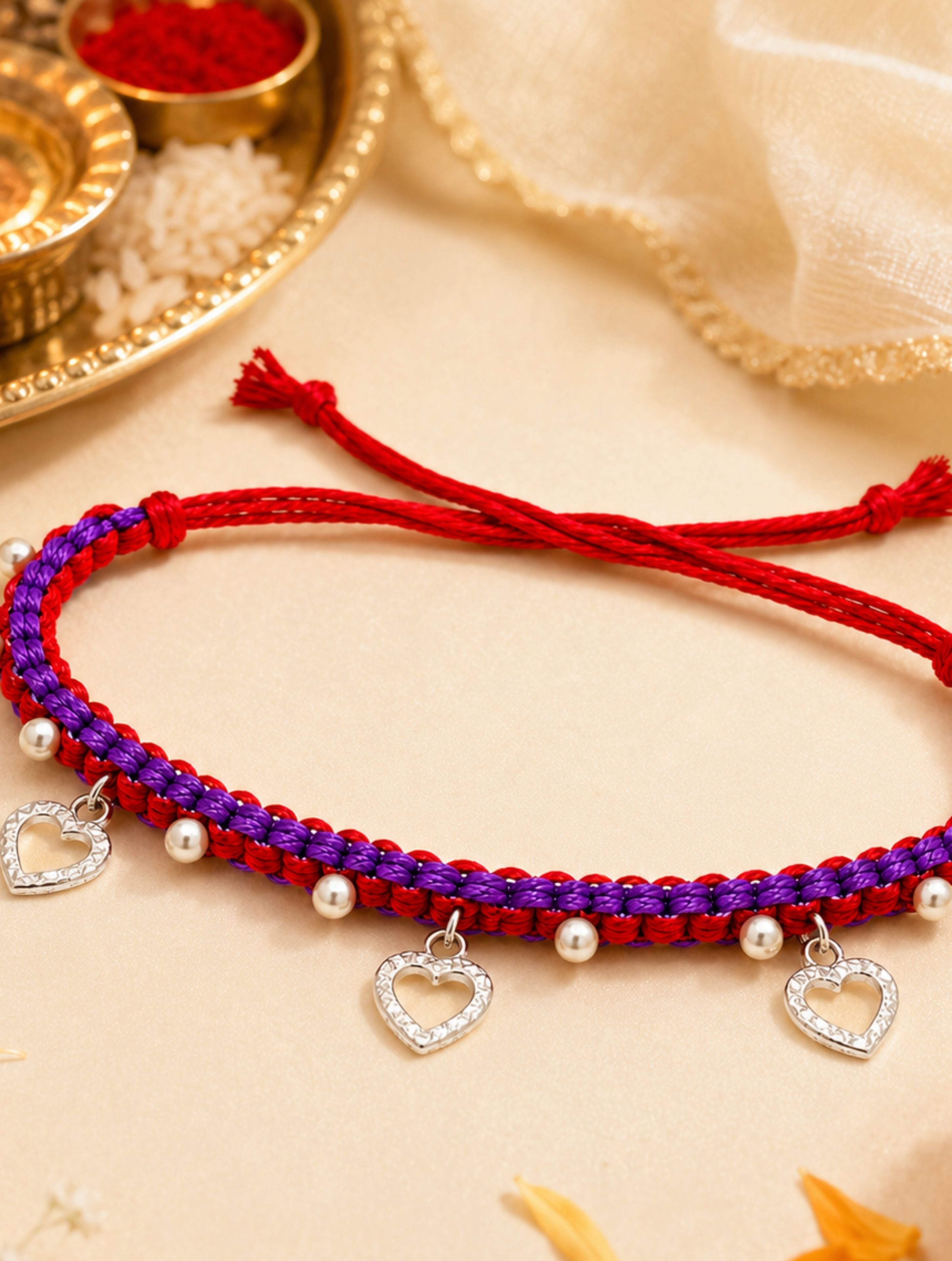 925 Sterling Silver Heart & Pearl Charm Rakhi – Rhodium Plated Thread Rakhi for Brothers