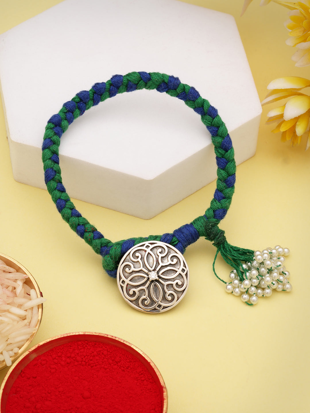 925 Silver Filigree Floral Moissanite & Pearl Lumba Rakhi