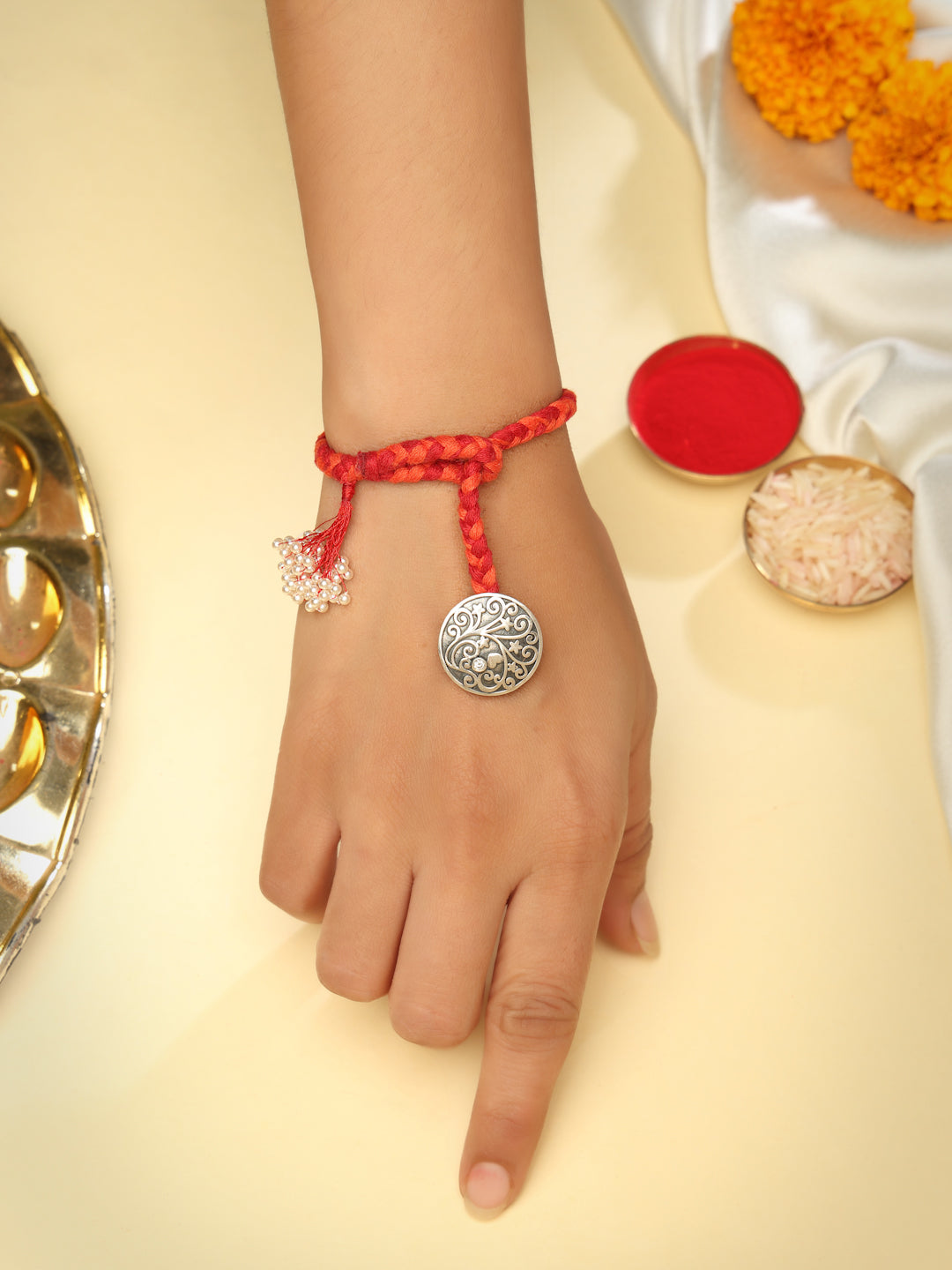 925 Sterling Silver Moissanite & Pearl Filigree Lumba Rakhi