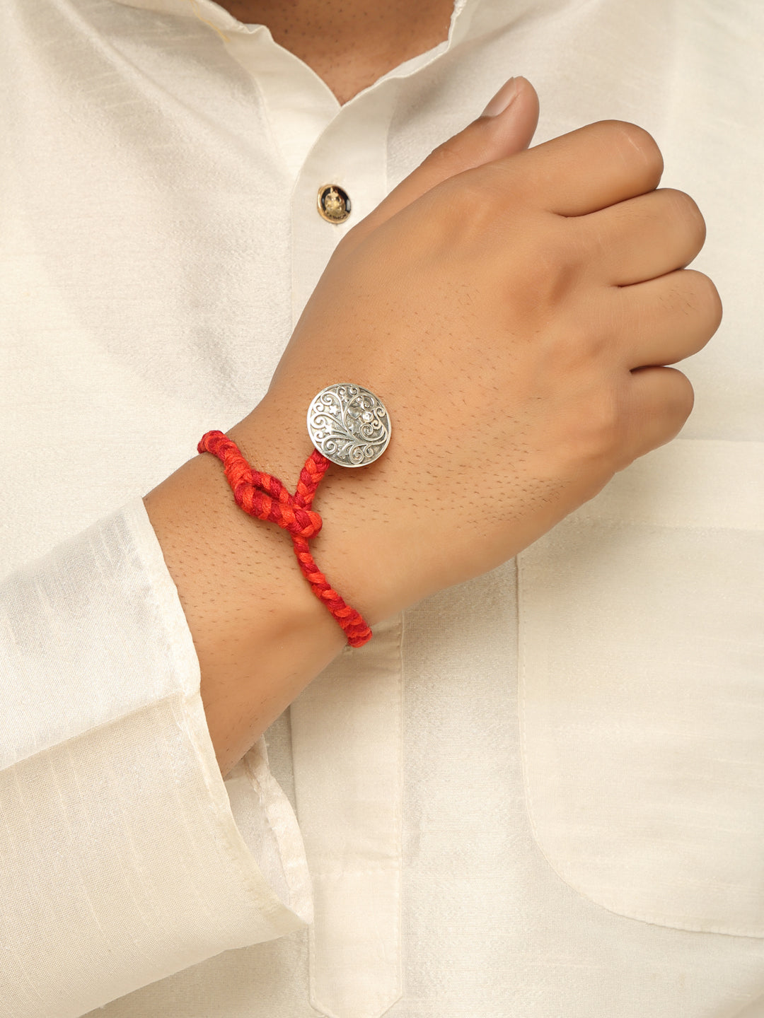 Handcrafted 925 Sterling Silver Floral Filigree Rakhi with Moissanite Accent