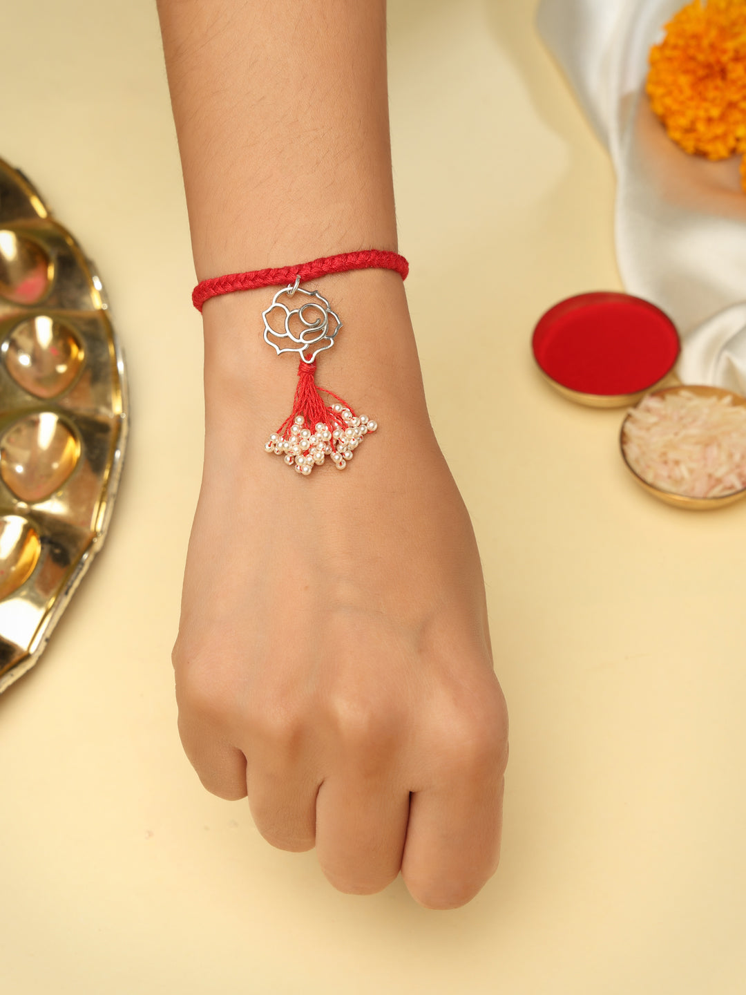 925 Sterling Silver Floral Lumba Rakhi with Pearls