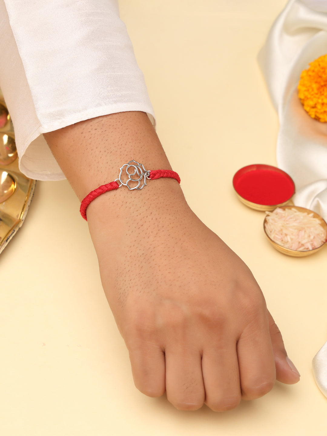 925 Sterling Silver Cutout Rose Red Thread Rakhi Bracelet | Rhodium Plated