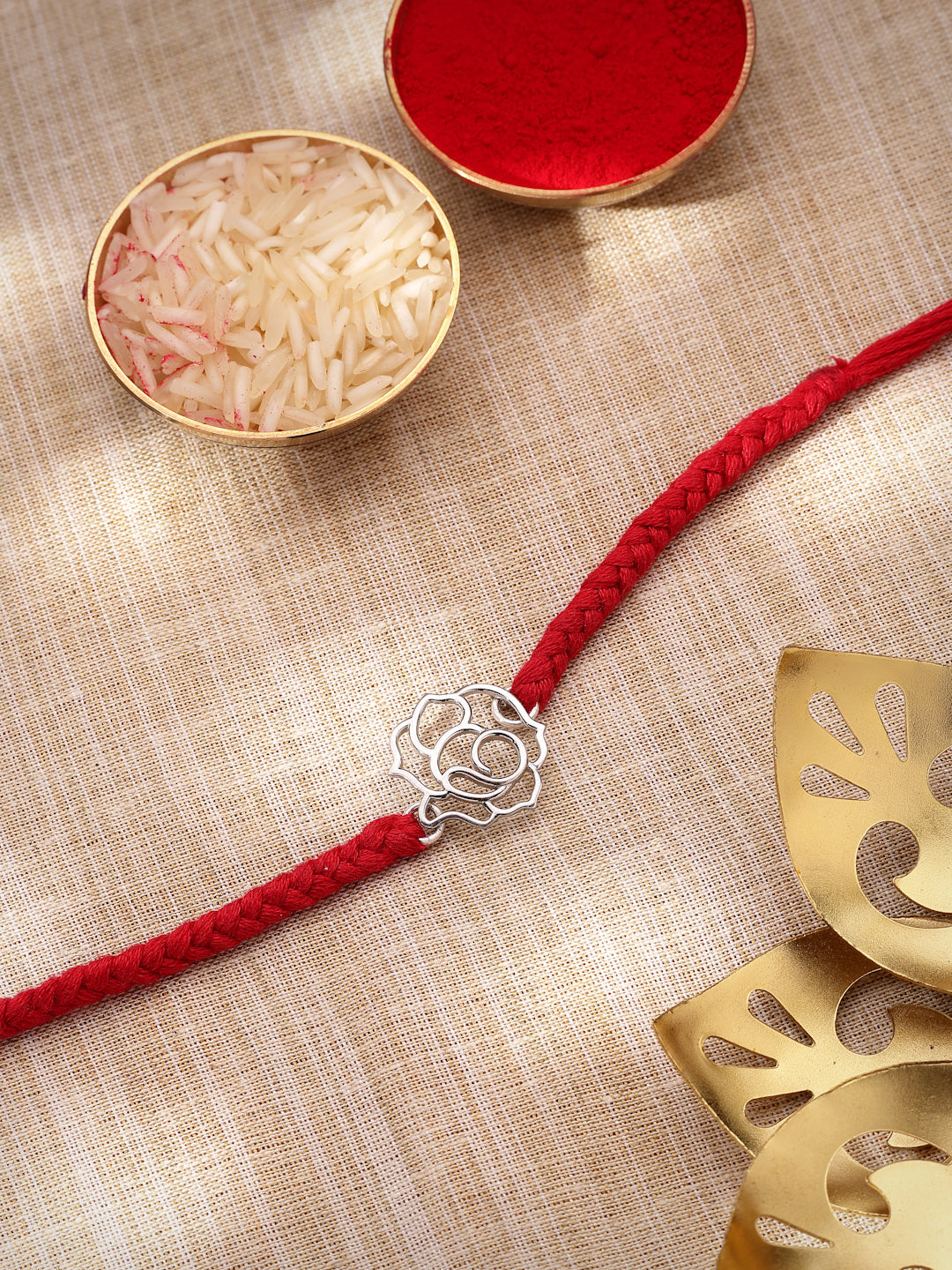925 Sterling Silver Cutout Rose Red Thread Rakhi Bracelet | Rhodium Plated