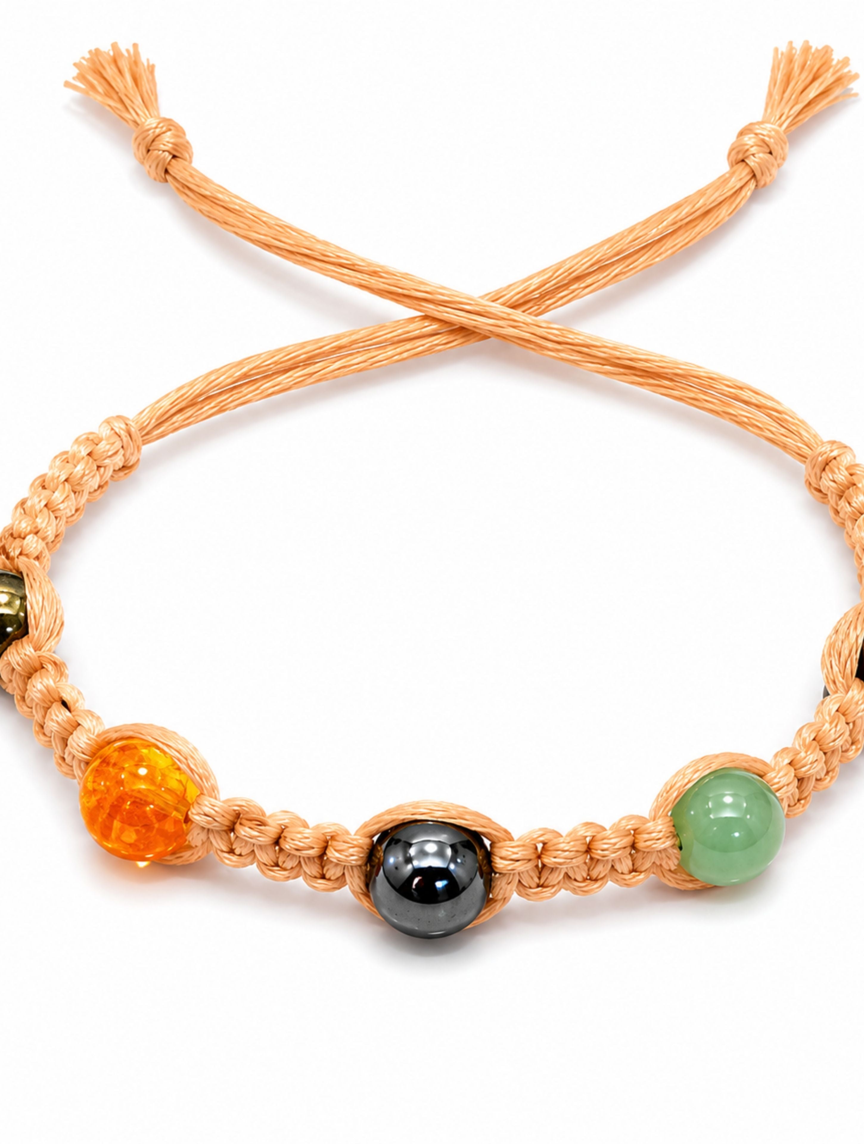 Handcrafted 5-Gemstone Macrame Rakhi | Aventurine, Hematite, Tiger’s Eye, Citrine & Pyrite