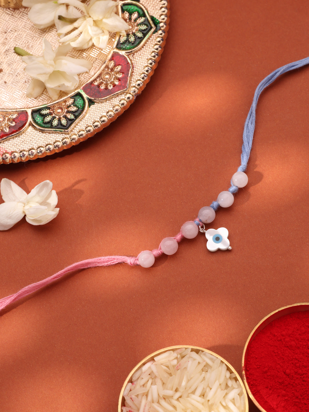 925 Sterling Silver Evil Eye & Rose Quartz Beads Thread Kids Rakhi