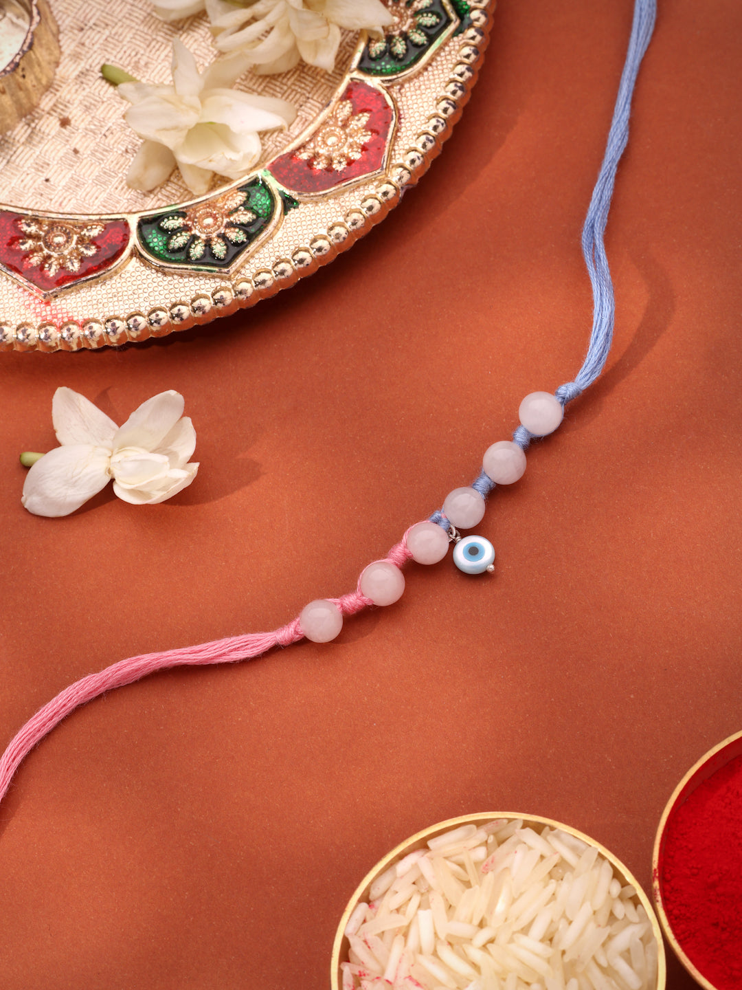 925 Sterling Silver Round Evil Eye & Rose Quartz Beads Thread Kids Rakhi