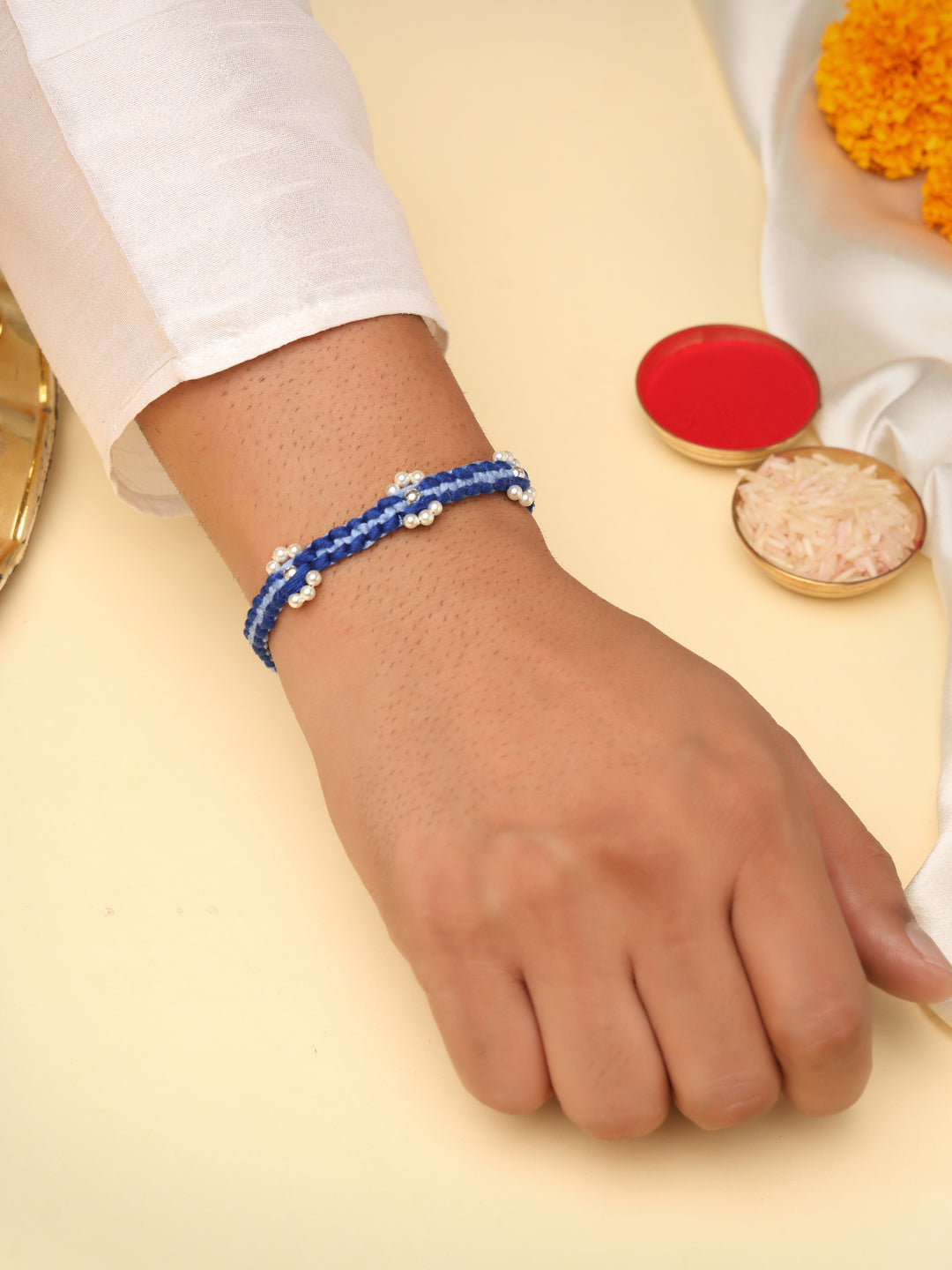 925 Sterling Silver Pearl and Bead Blue Thread Rakhi