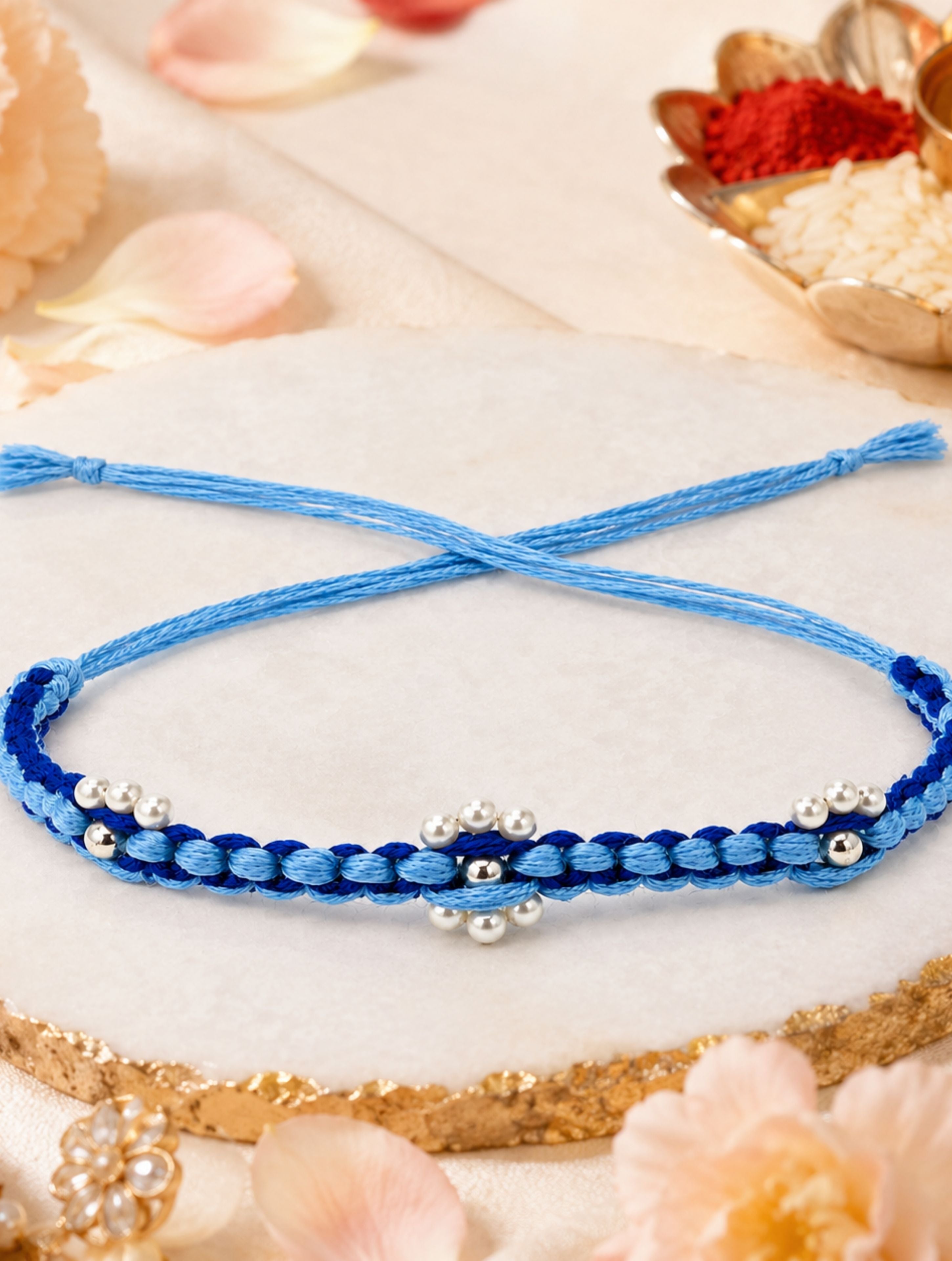 925 Sterling Silver Pearl and Bead Blue Thread Rakhi
