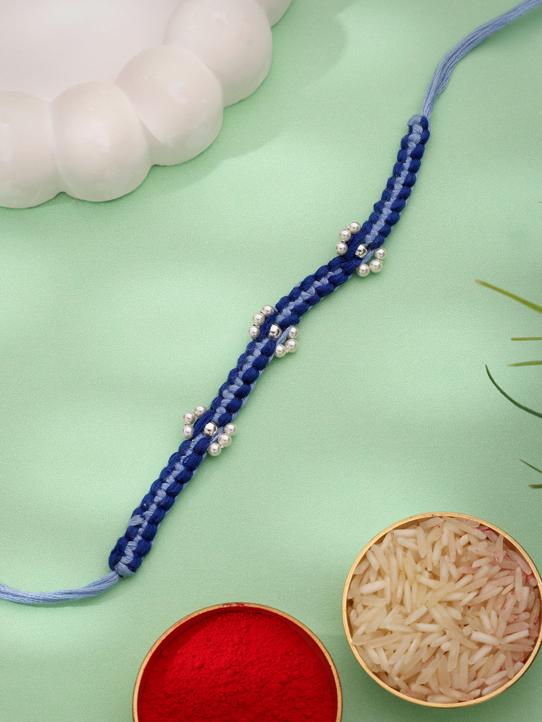 925 Sterling Silver Pearl and Bead Blue Thread Rakhi