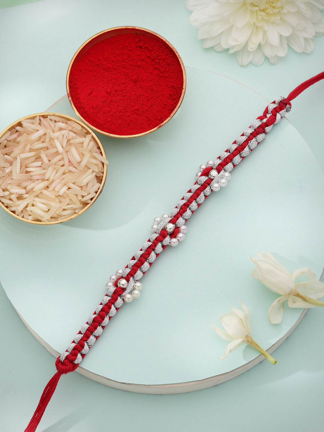925 Sterling Silver Pearl Rakhi in Handcrafted Red Cord