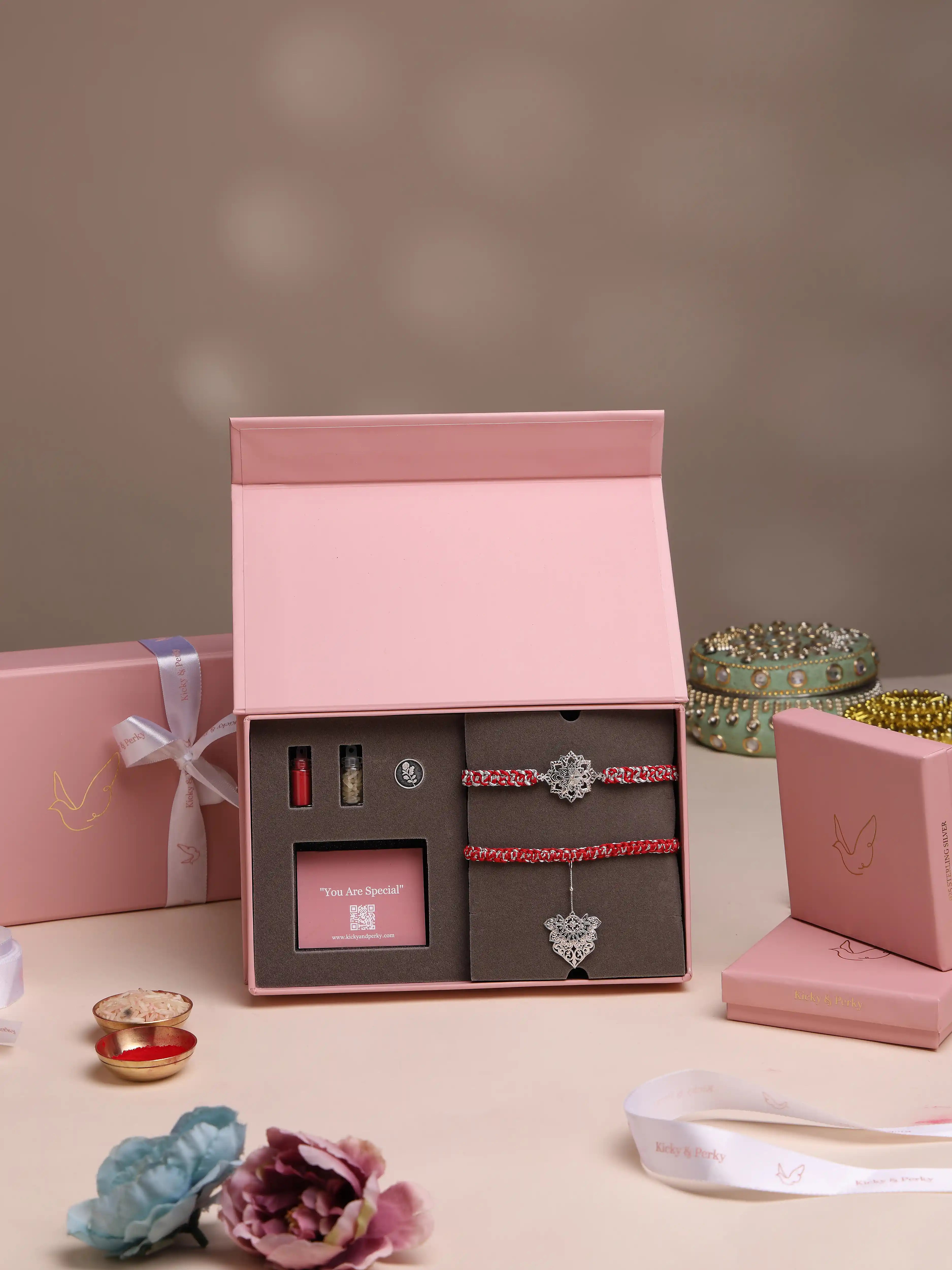 925 Sterling Silver Bhaiya Bhabhi Rakhi & Lumba Gift Set with Silver Coin & Roli Chawal