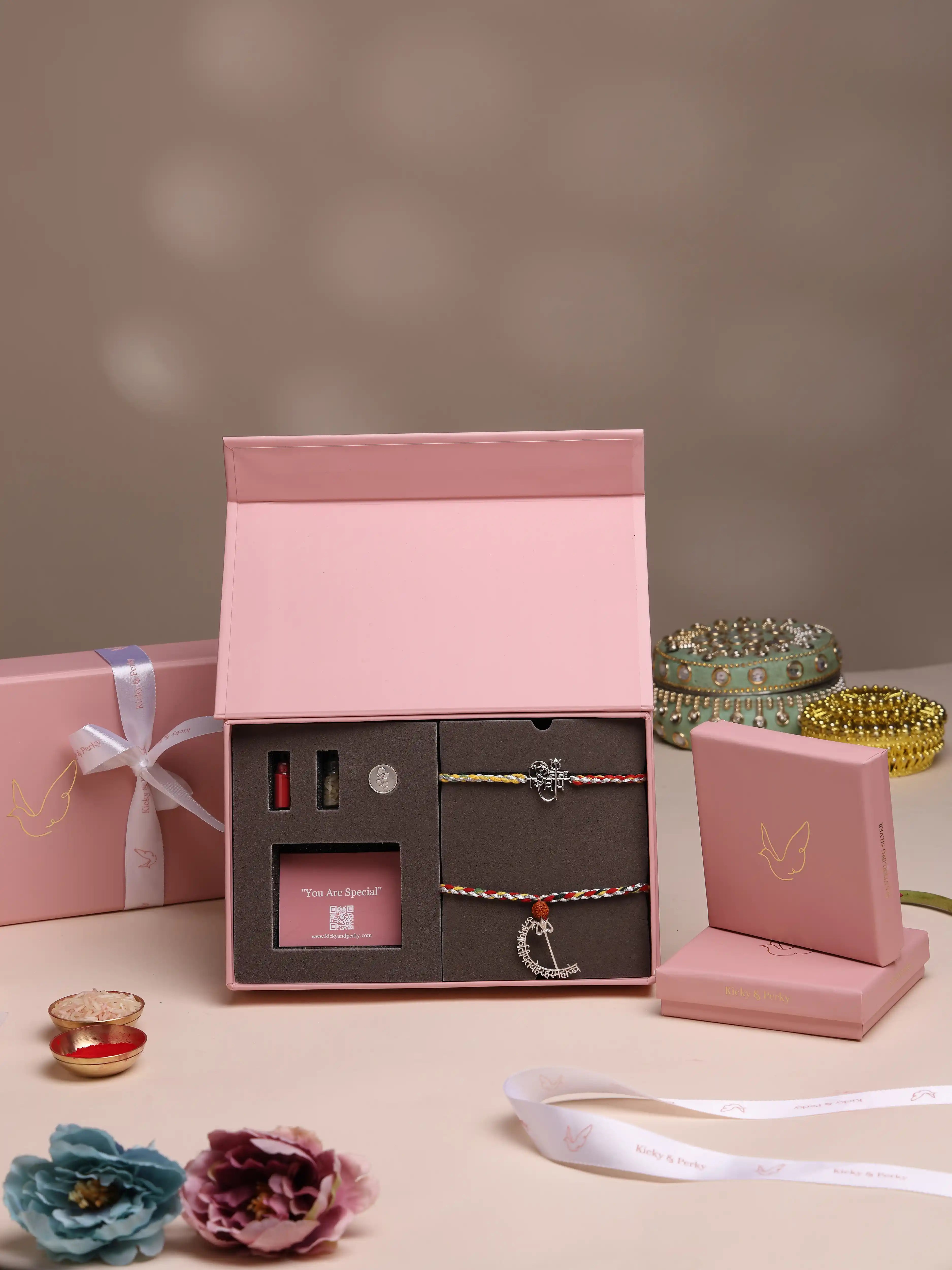 925 Sterling Silver Divine Shiva Rakhi & Lumba Gift Set (with Silver Coin & Roli Chawal)