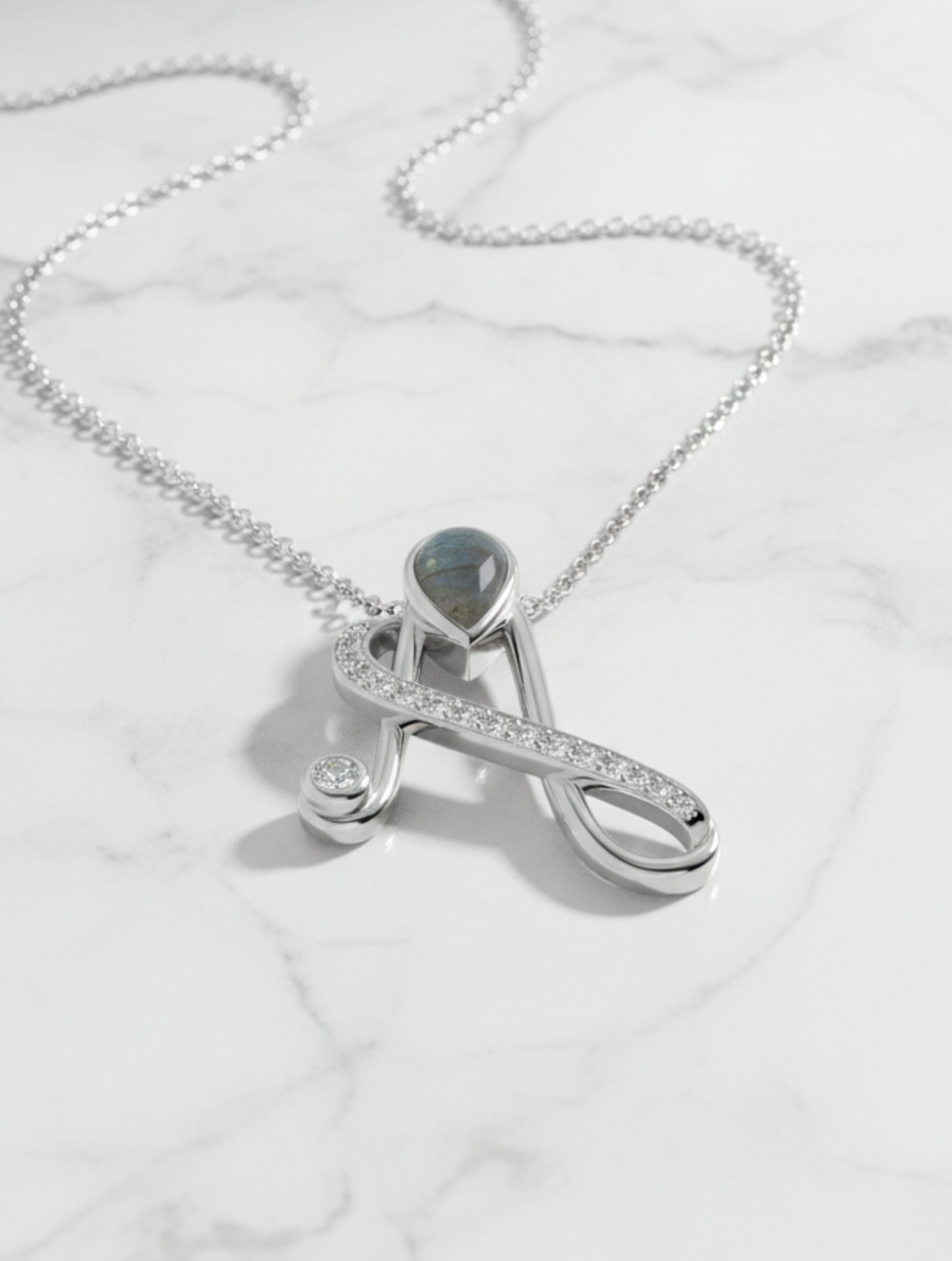 ‘A’ Initial Pendant – Labradorite Moissanite in 925 Sterling Silver