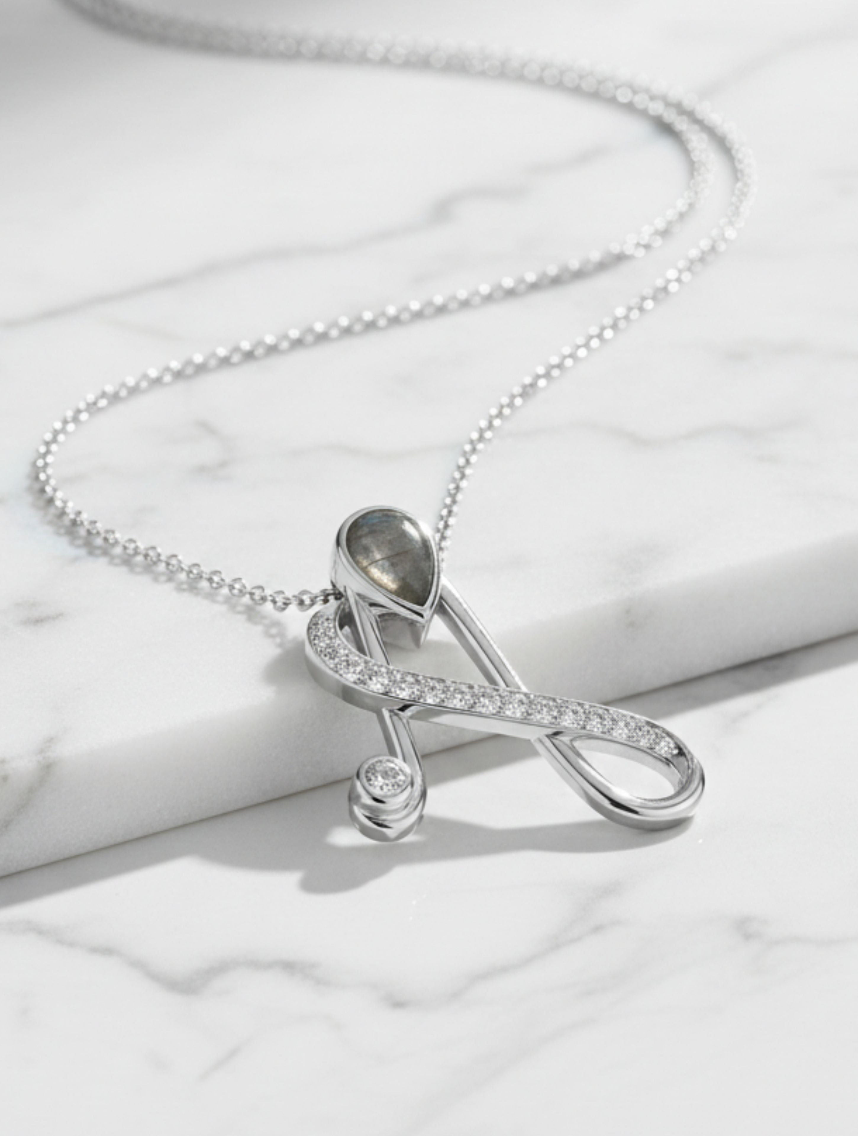 ‘A’ Initial Pendant – Labradorite Moissanite in 925 Sterling Silver