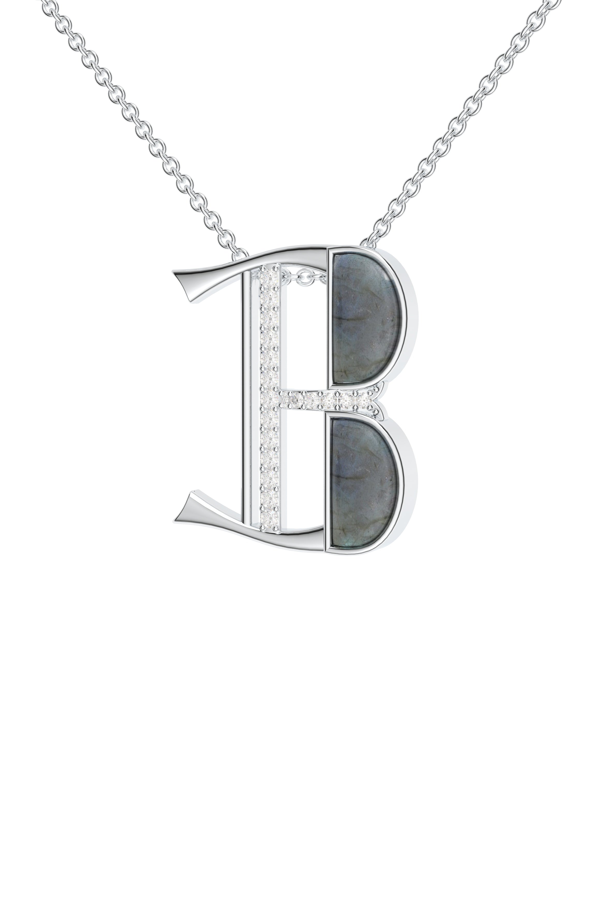 Signery ‘B’ Initial Pendant – Labradorite Moissanite & Rhodium Plated