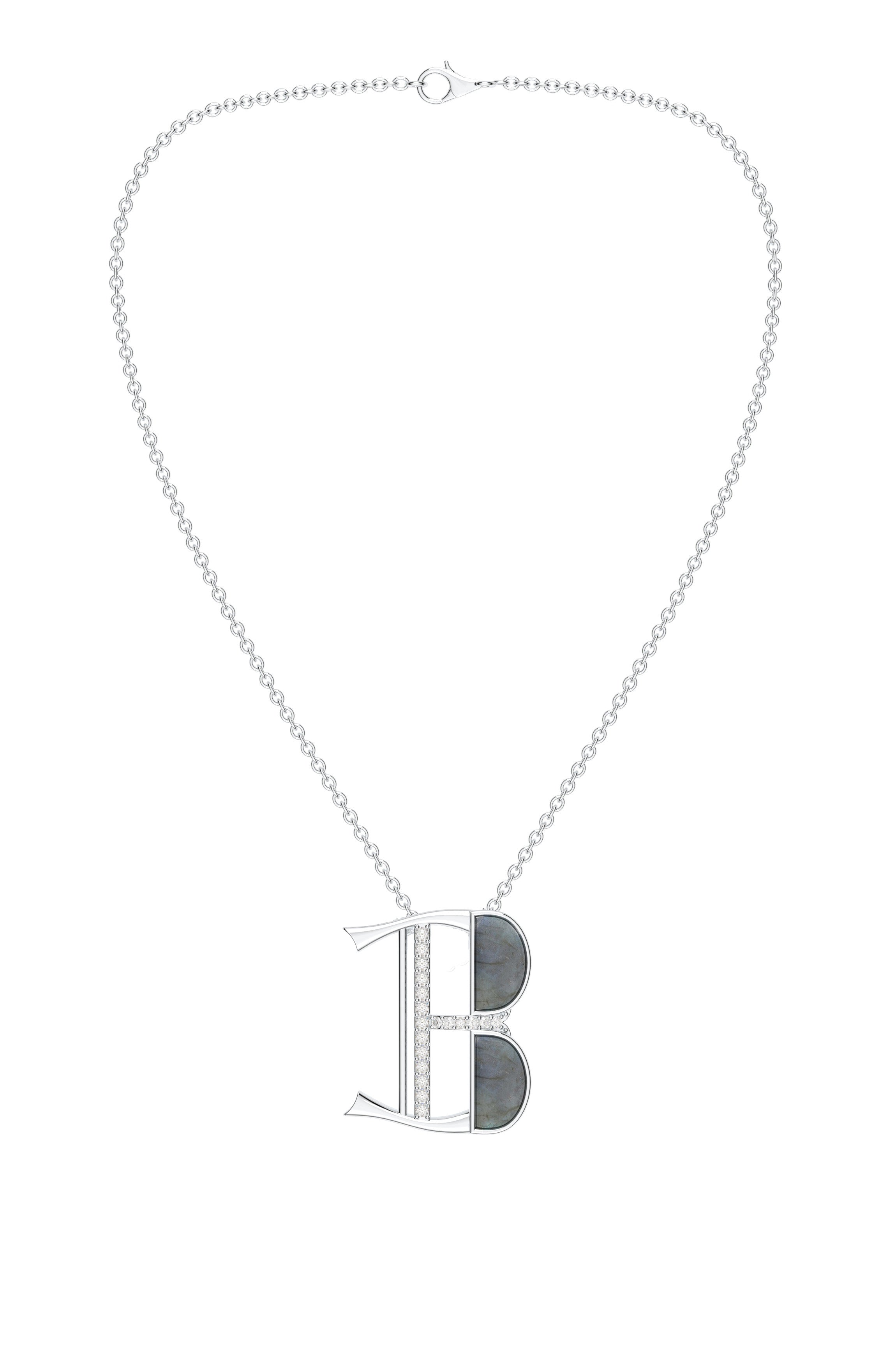 Signery ‘B’ Initial Pendant – Labradorite Moissanite & Rhodium Plated