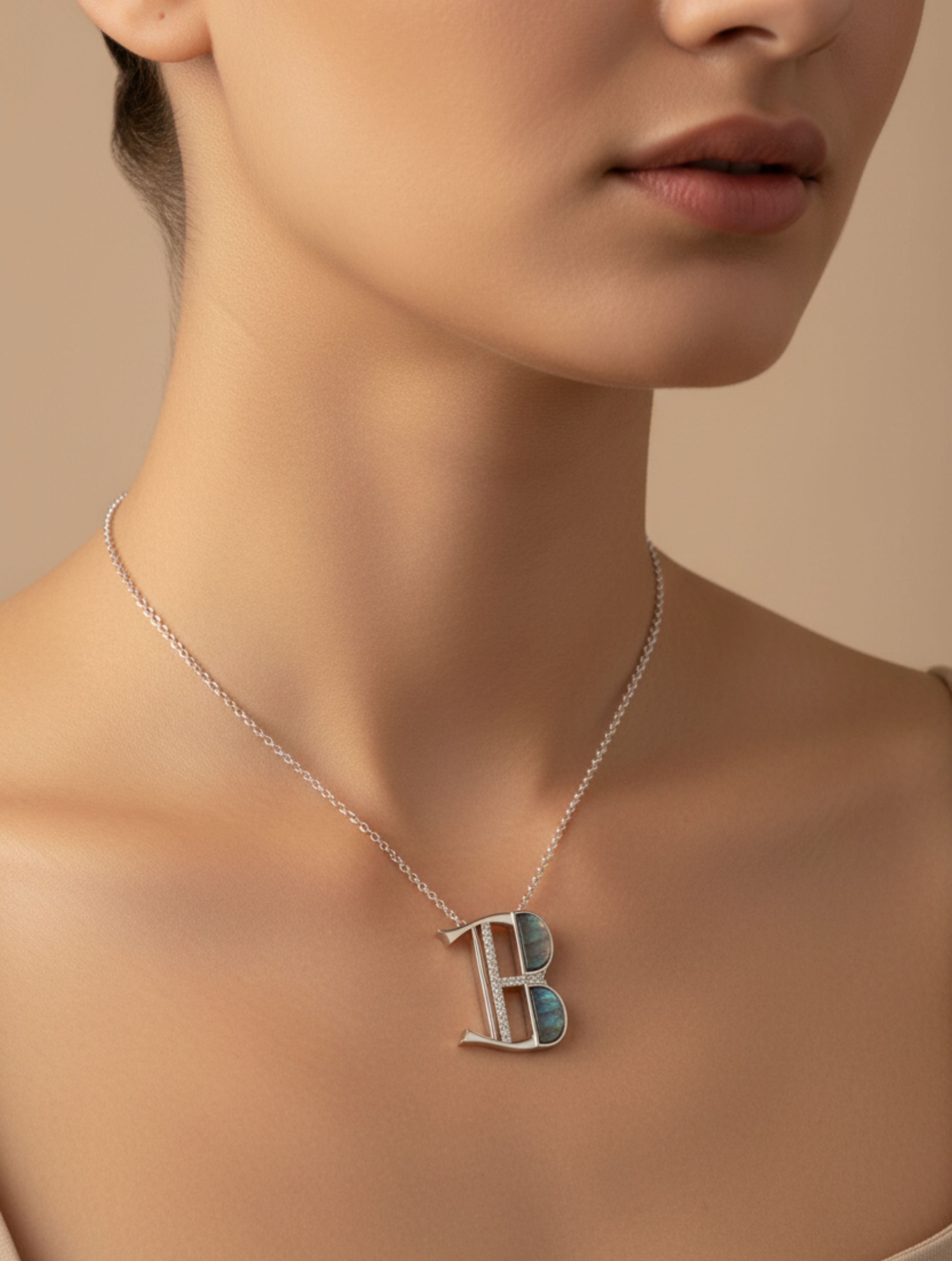 ‘B’ Initial Pendant – Labradorite Moissanite in 925 Sterling Silver