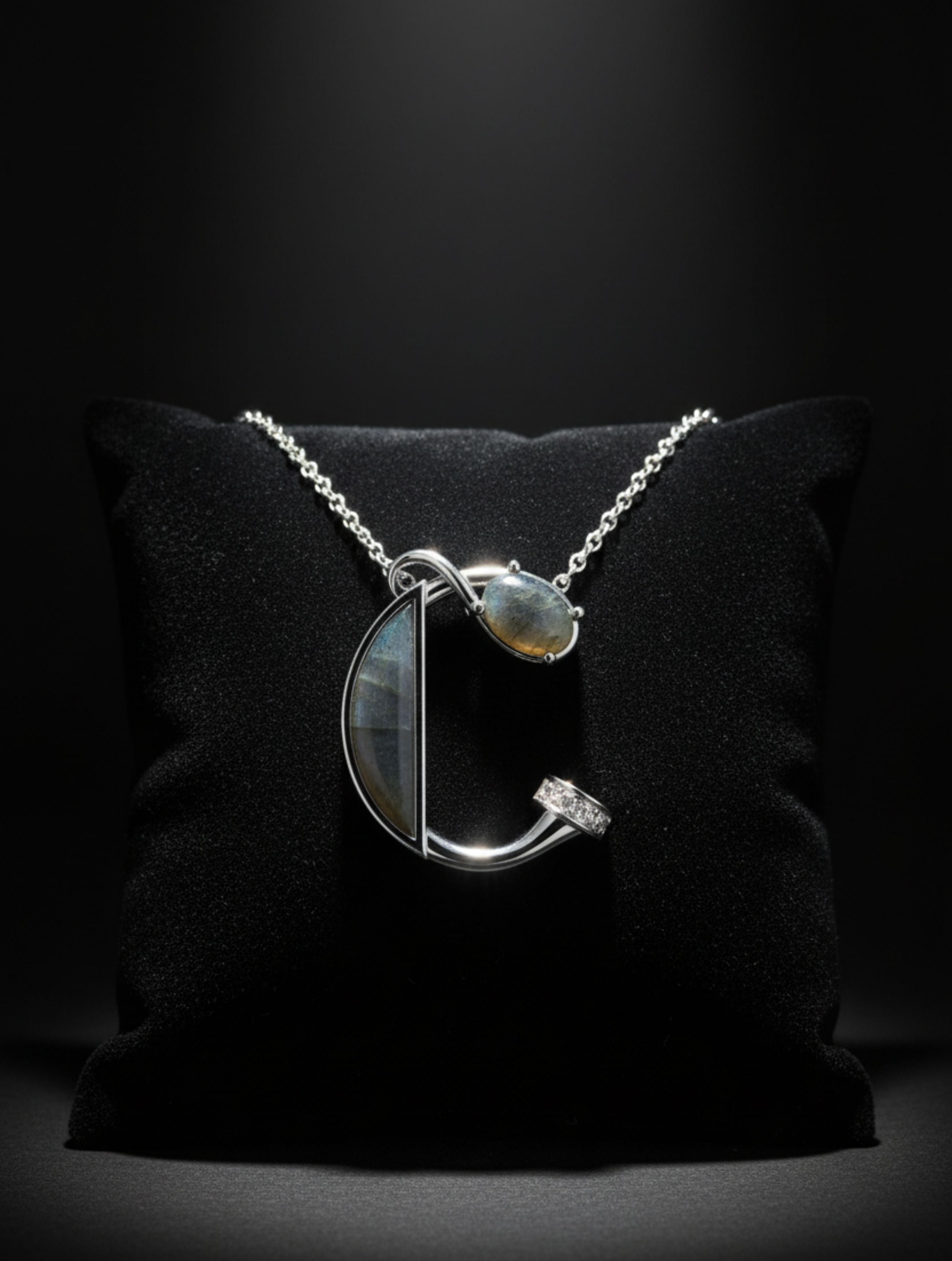 Signery ‘C’ Initial Pendant – Labradorite Moissanite & Rhodium Plated