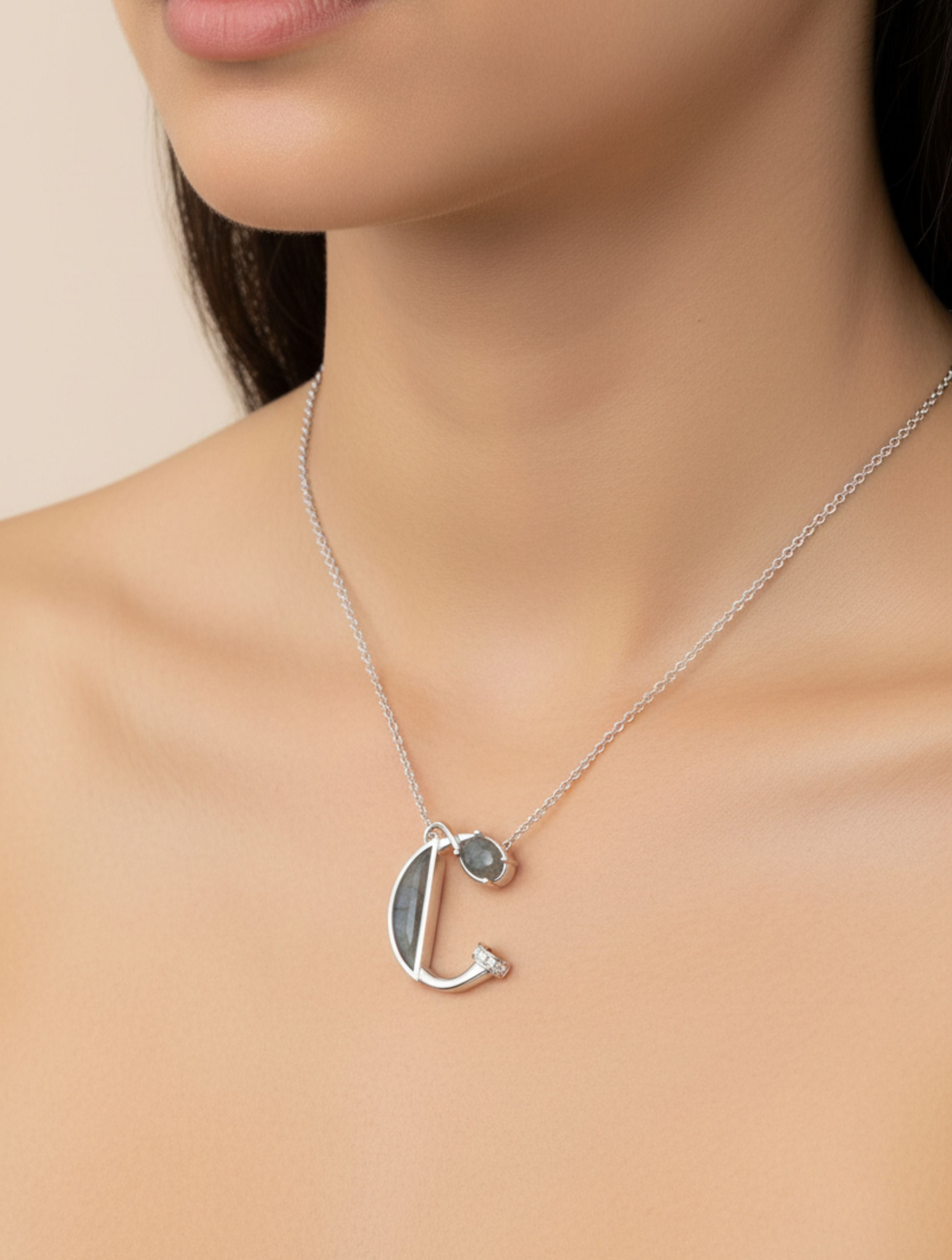Signery ‘C’ Initial Pendant – Labradorite Moissanite & Rhodium Plated