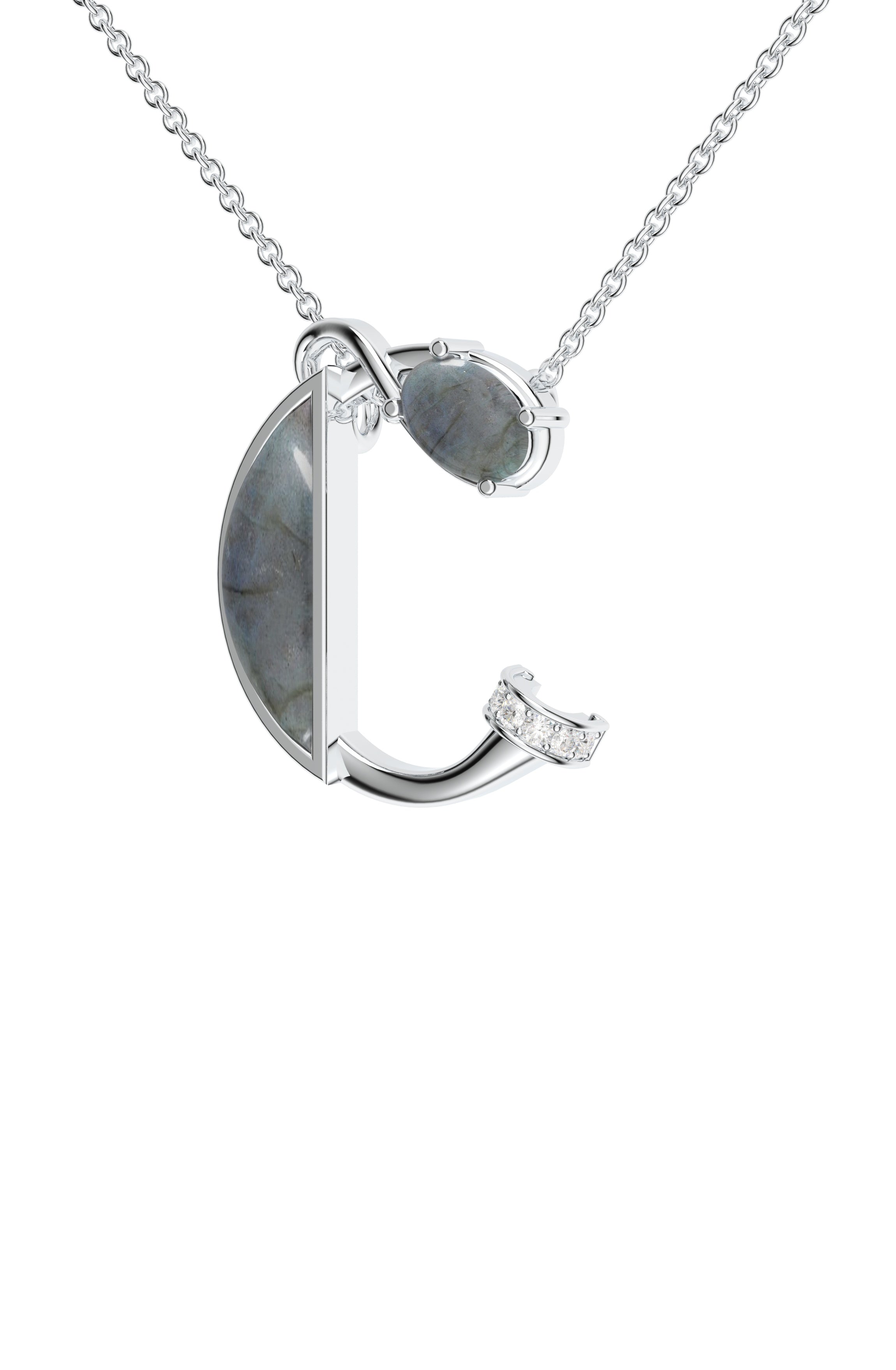 Signery ‘C’ Initial Pendant – Labradorite Moissanite & Rhodium Plated