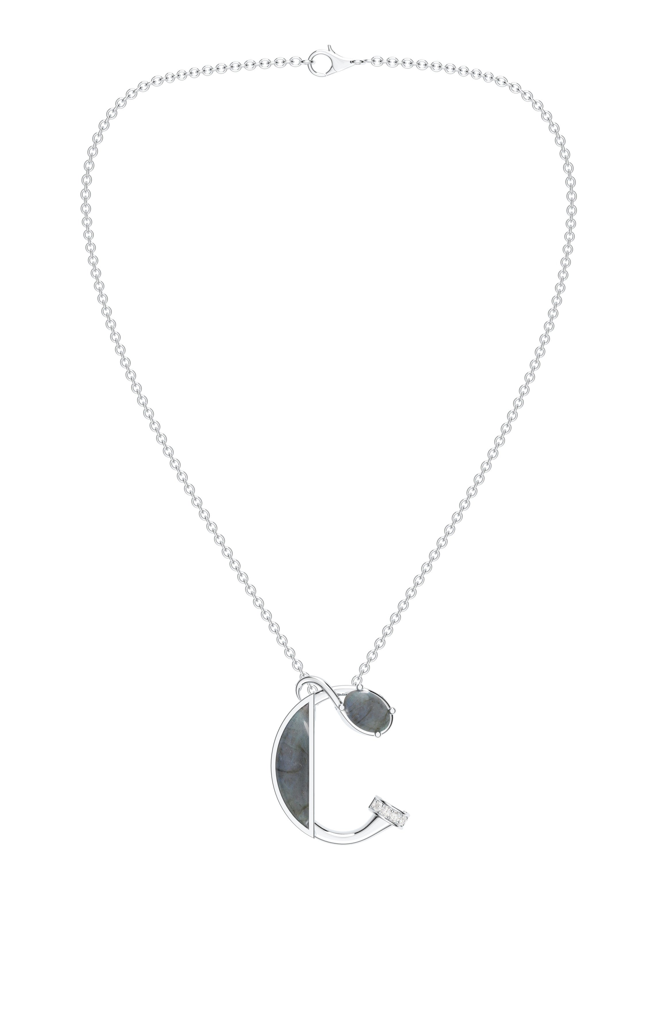 Signery ‘C’ Initial Pendant – Labradorite Moissanite & Rhodium Plated