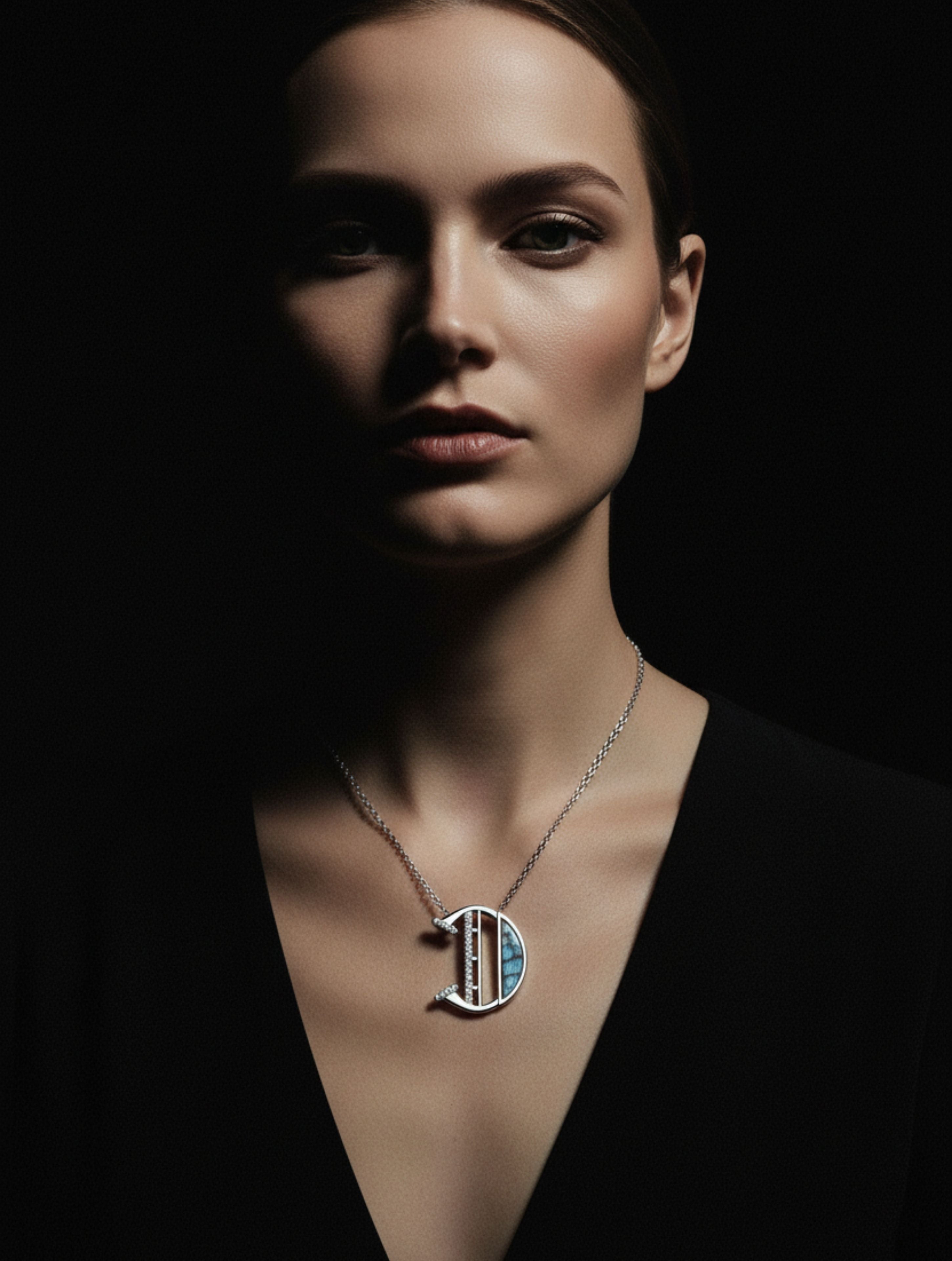 Signery ‘D’ Initial Pendant – Labradorite Moissanite & Rhodium Plated