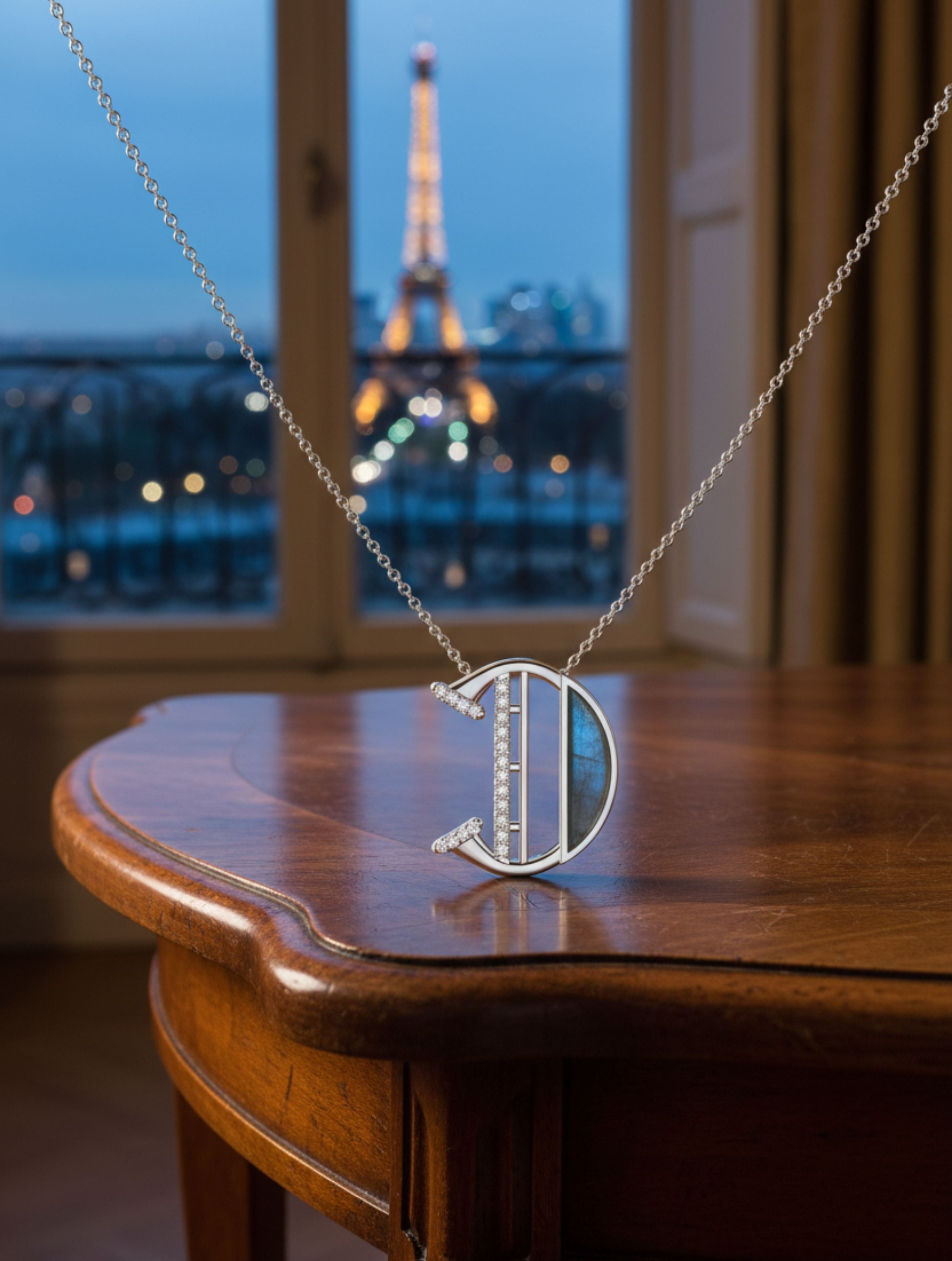 Signery ‘D’ Initial Pendant – Labradorite Moissanite & Rhodium Plated